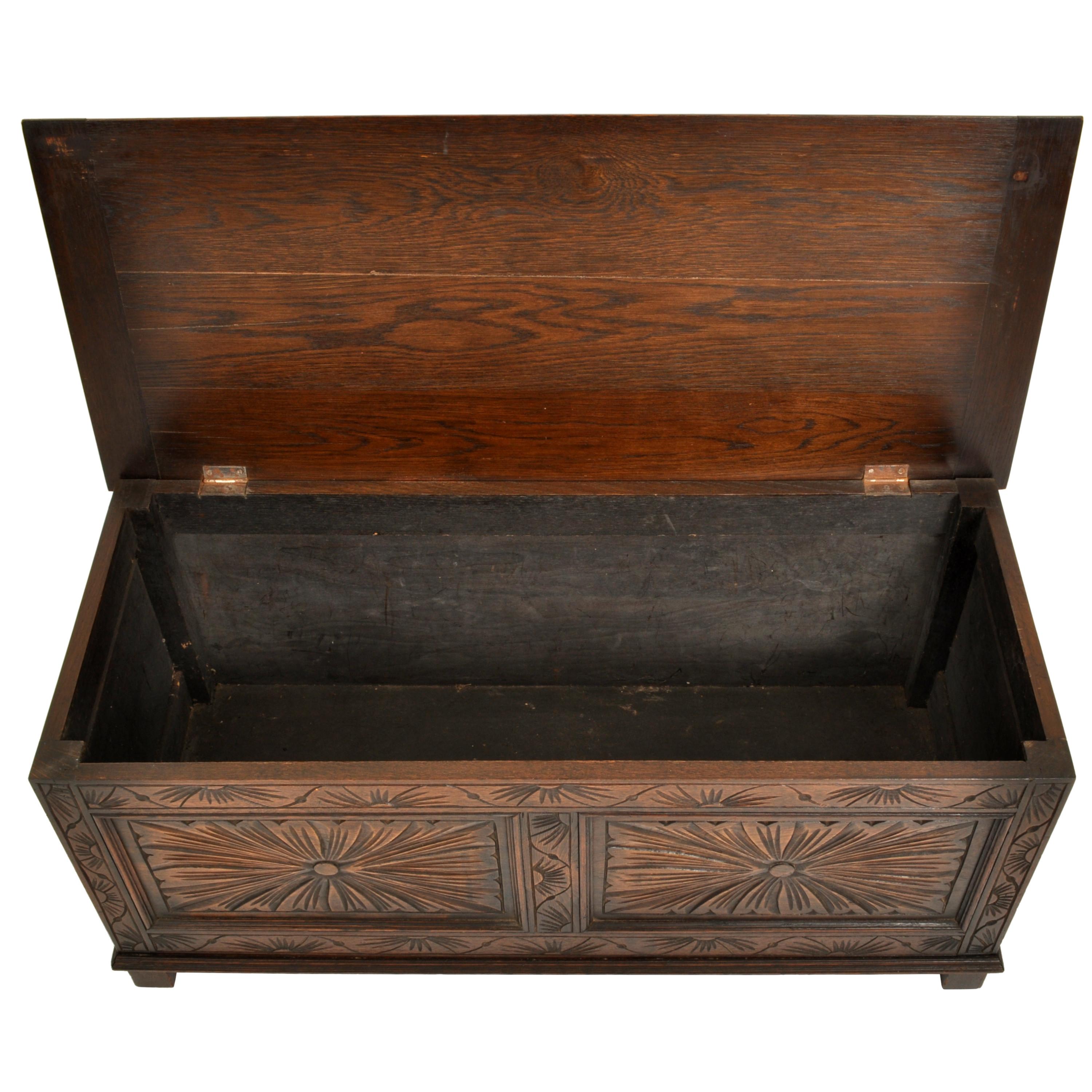 Antique English Arts & Crafts Carved Oak Coffer Blanket Chest Window Seat 1900 4