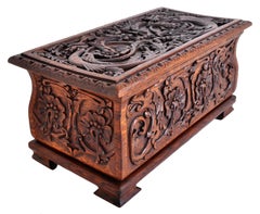 Antique English Arts & Crafts Carved Oak Dragon Coffer Trunk Box, circa 1900