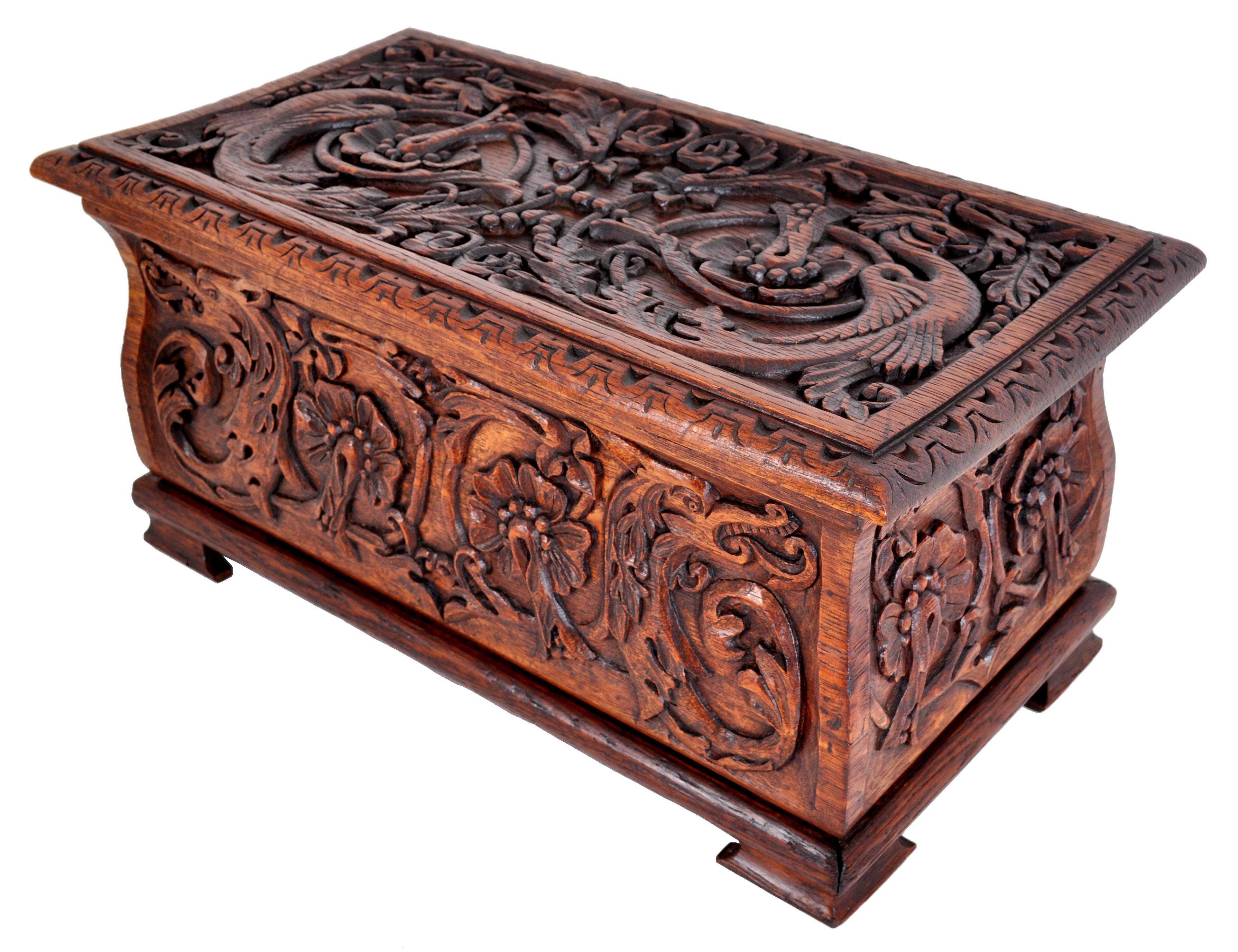 Arts and Crafts Antique English Arts & Crafts Carved Oak Dragon Coffer Trunk Box, circa 1900
