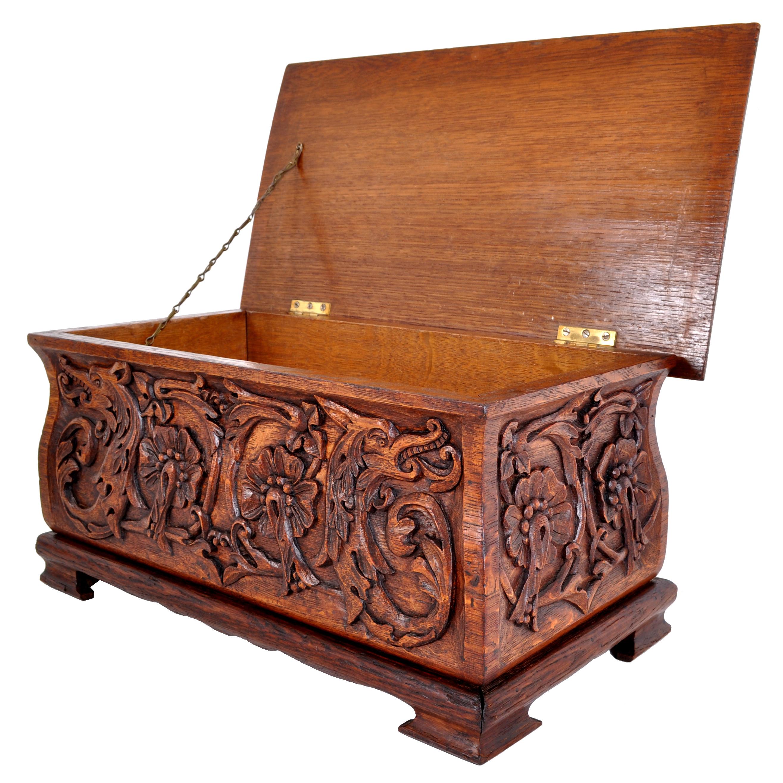 Antique English Arts & Crafts Carved Oak Dragon Coffer Trunk Box, circa 1900 2