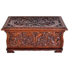 Antique English Arts & Crafts Carved Oak Dragon Coffer Trunk Box, circa 1900
