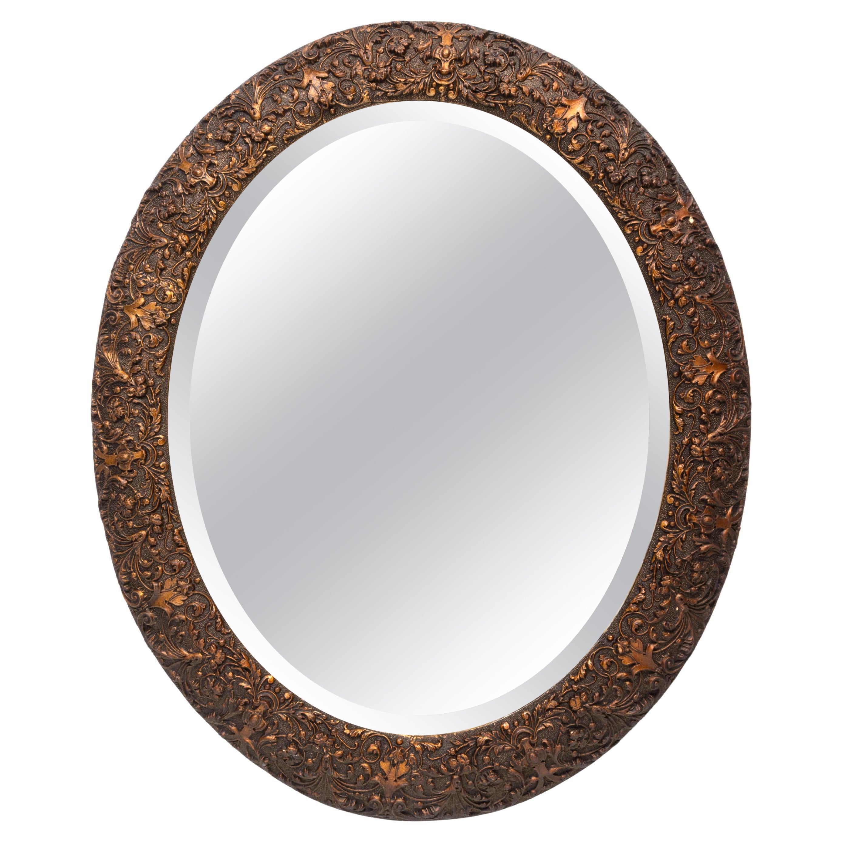 Antique English Arts & Crafts Copper Oval Mirror C.1900