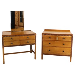 Antique English Arts & Crafts Cotswold School Oak Chest & Dressing Table