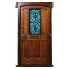 Antique English Arts 
Crafts Glazed Oak Front Door with Frame