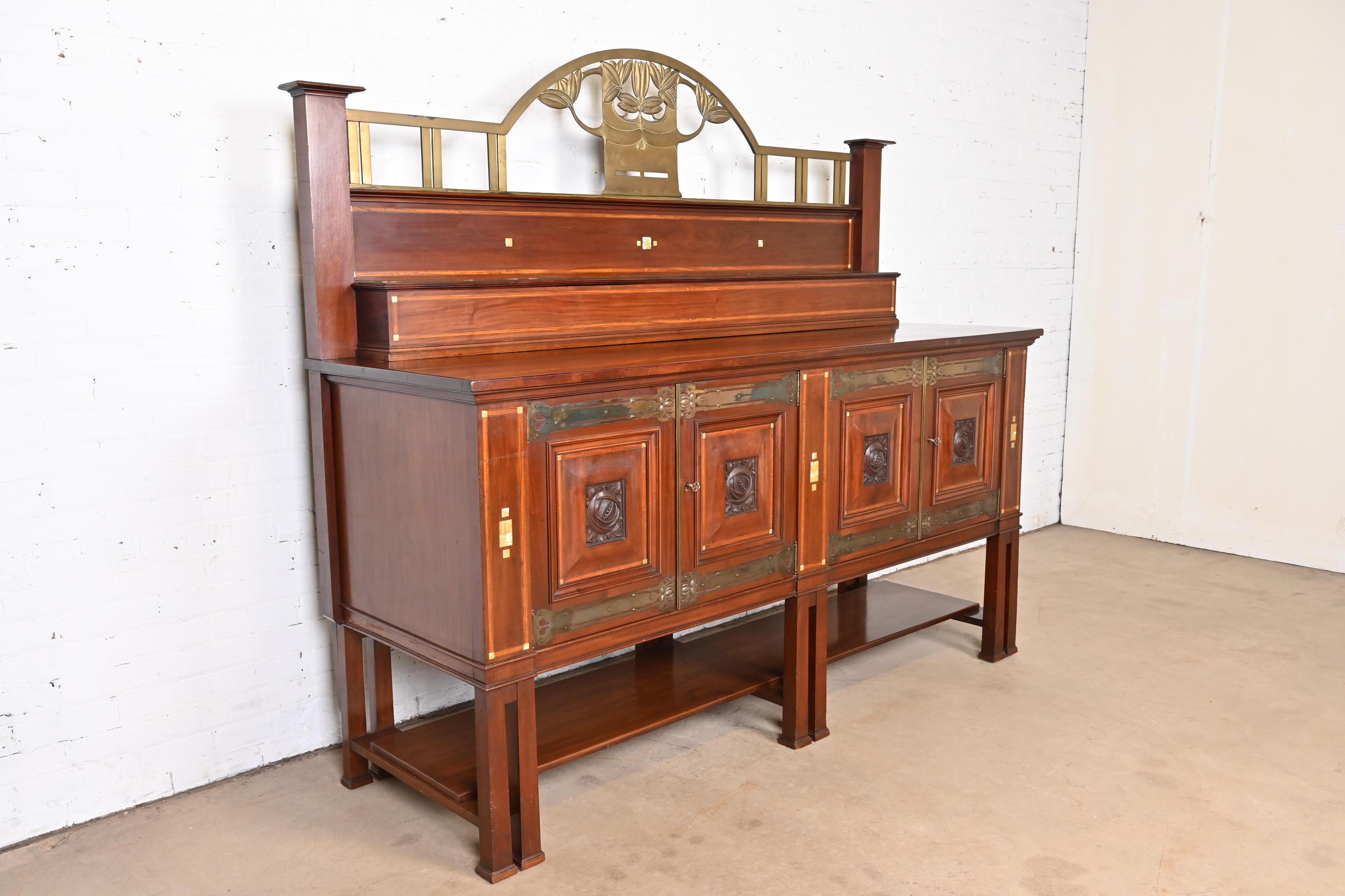 Brass Antique English Arts & Crafts Inlaid Mahogany Sideboard by Robson & Sons For Sale