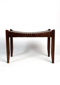 Antique English Arts & Crafts Leather Woven Strap Long Stool Bench