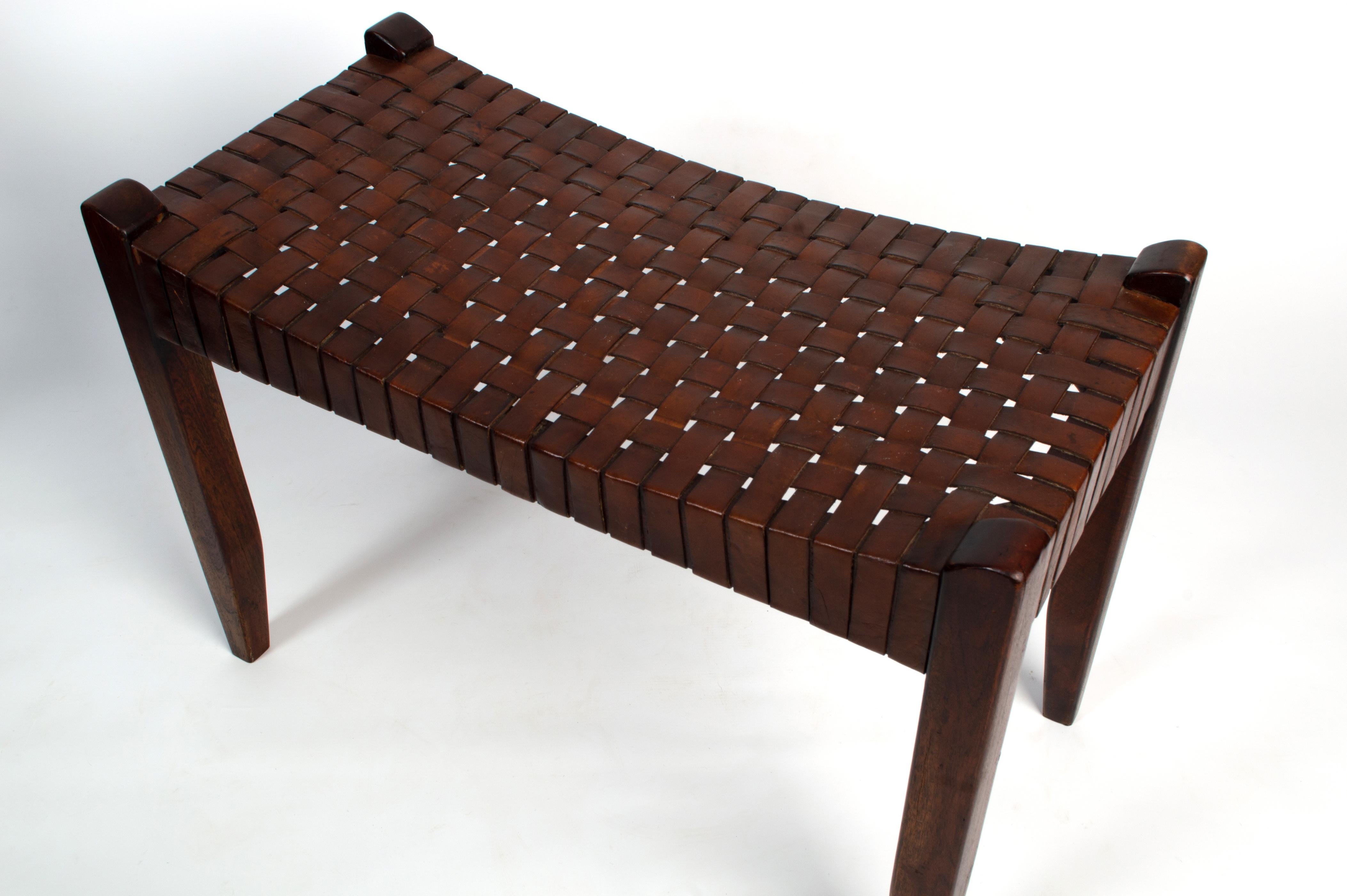 Arts and Crafts Antique English Arts & Crafts Leather Woven Strap Long Stool Bench For Sale