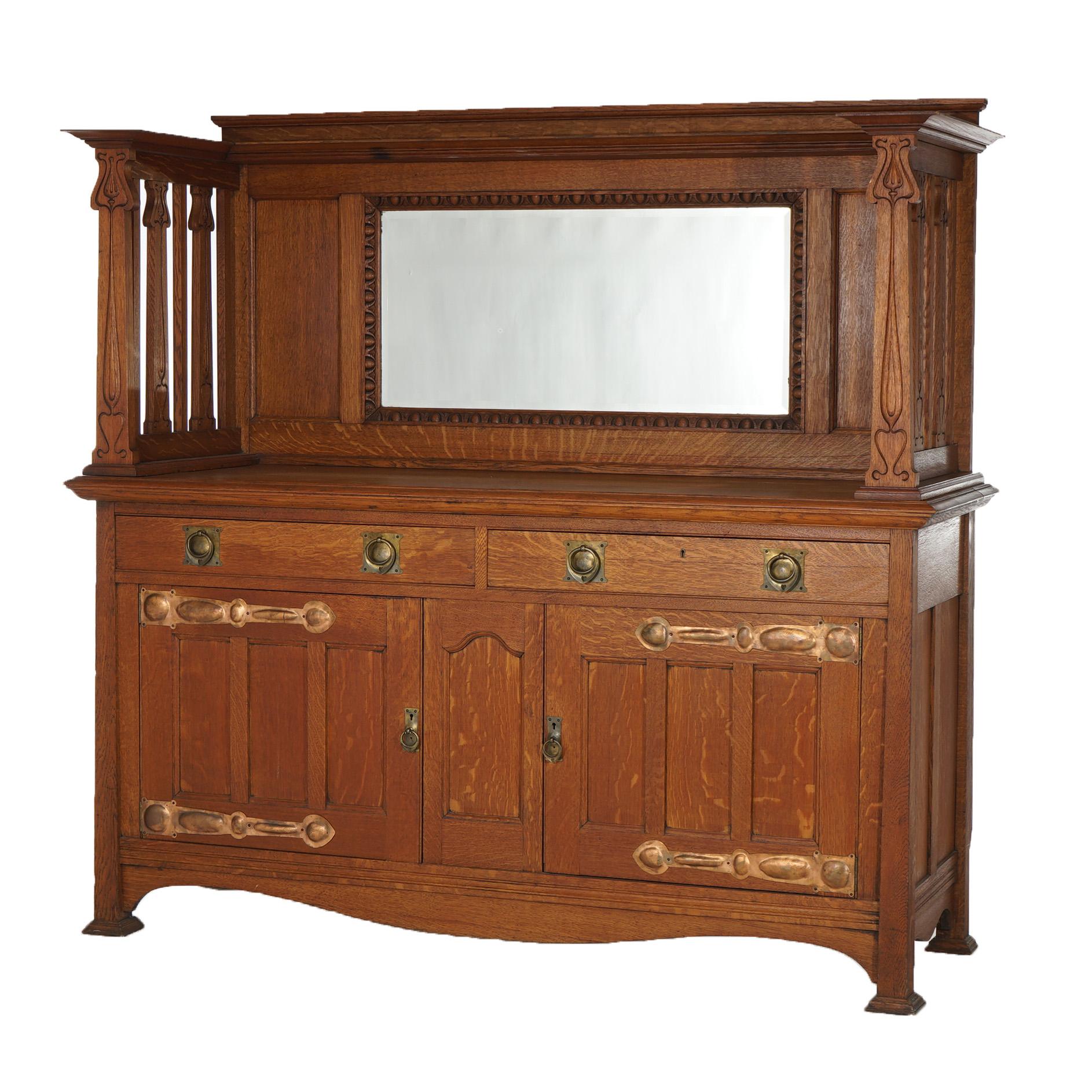 Antique English Arts & Crafts Liberty & Co. Oak Sideboard With Mirror C1910 In Good Condition For Sale In Big Flats, NY