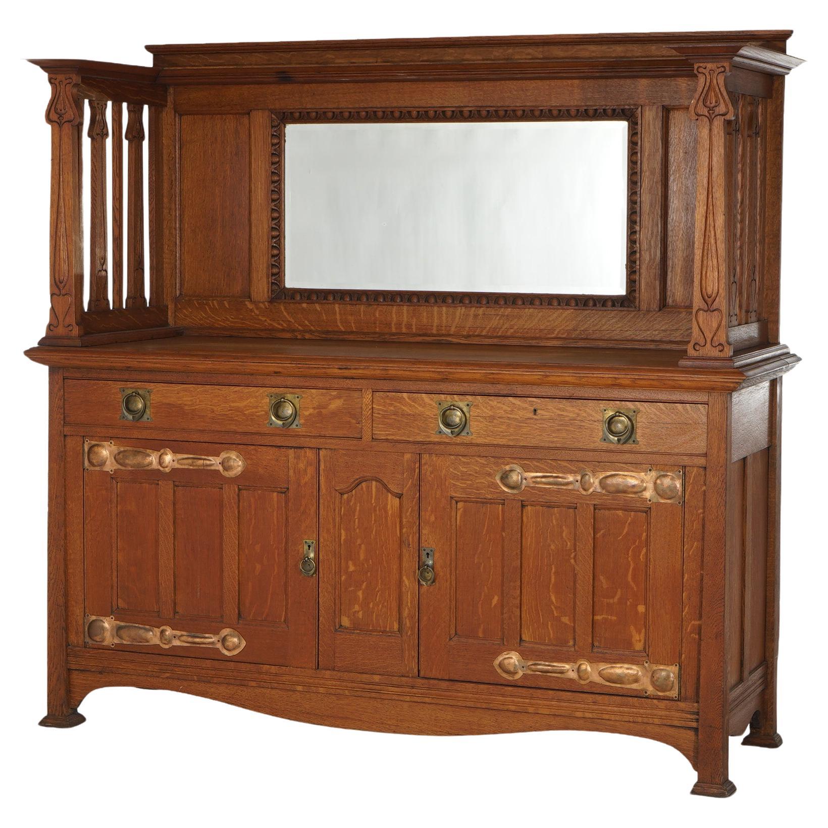 Antique English Arts & Crafts Liberty & Co. Oak Sideboard With Mirror C1910 For Sale