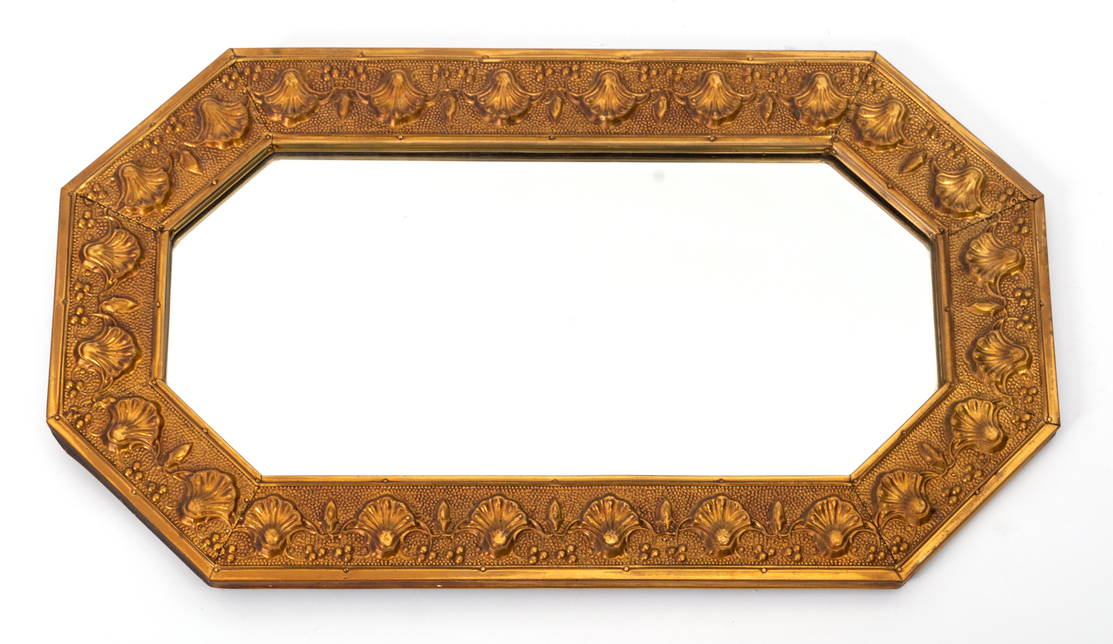 Arts and Crafts Antique English Arts & Crafts Long Octagonal Repousse Brass Mirror C.1920 For Sale