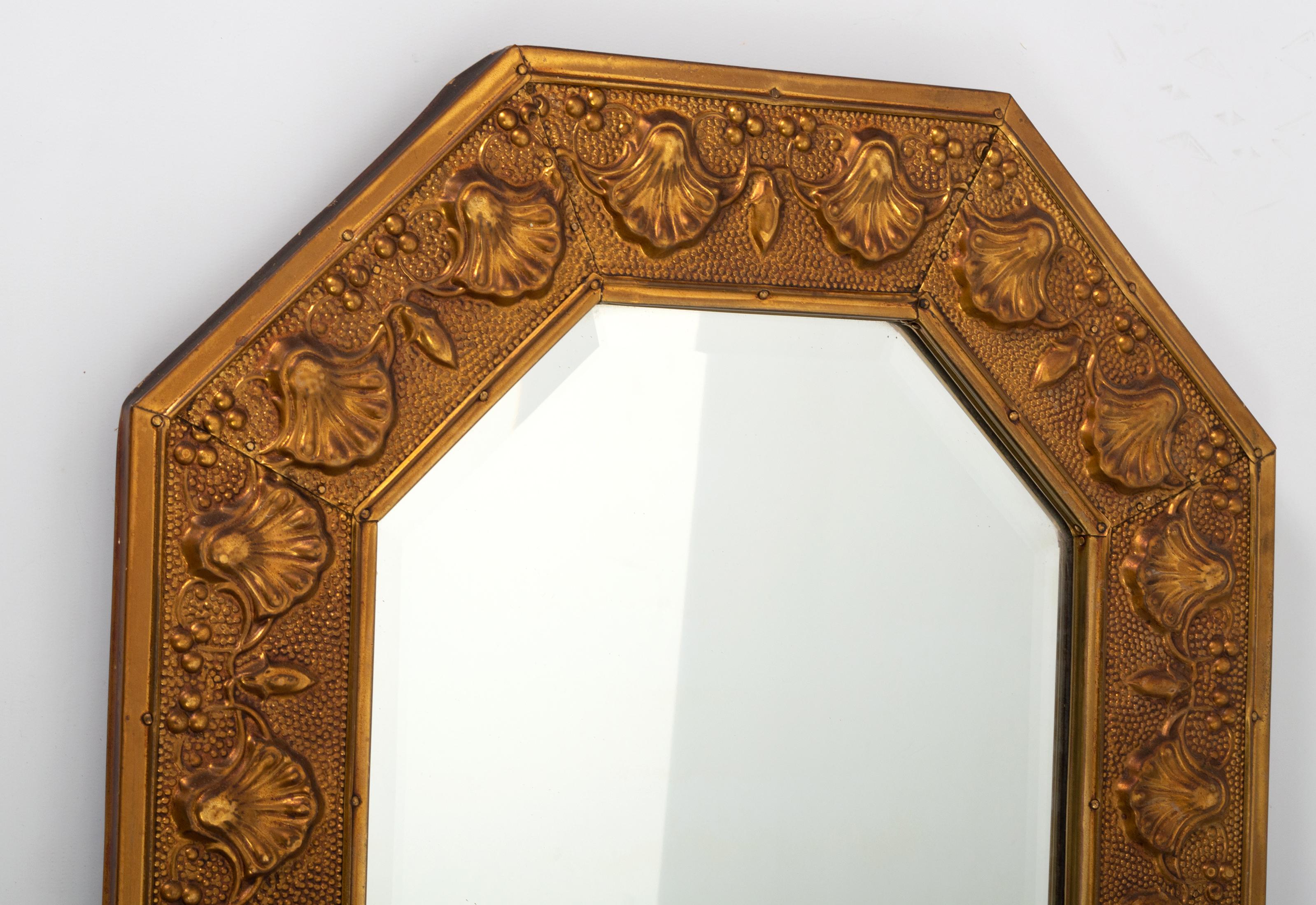 Repoussé Antique English Arts & Crafts Long Octagonal Repousse Brass Mirror C.1920 For Sale
