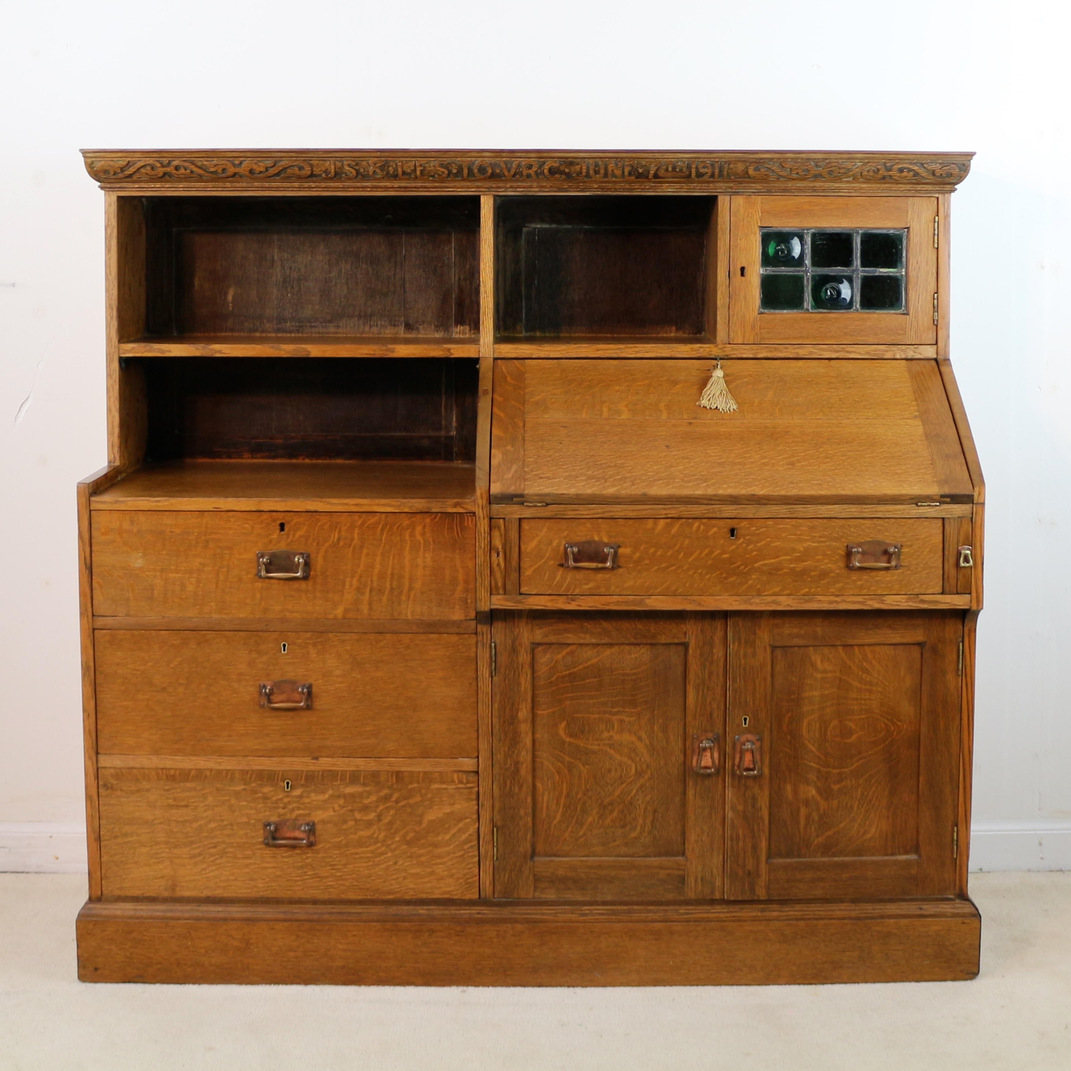 Antique English Arts & Crafts Oak Bureau Bookcase Attributed to Liberty & Co For Sale 2