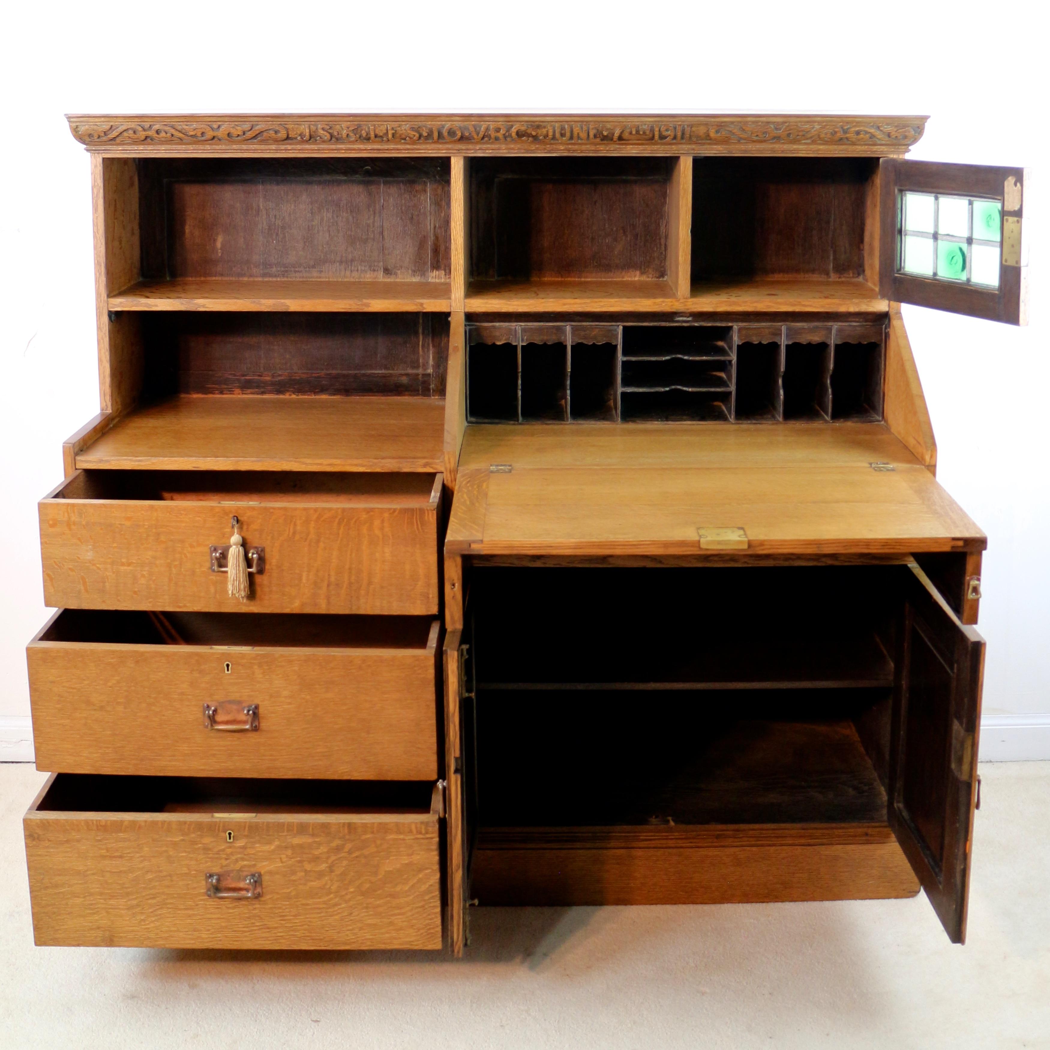 Antique English Arts & Crafts Oak Bureau Bookcase Attributed to Liberty & Co For Sale 3