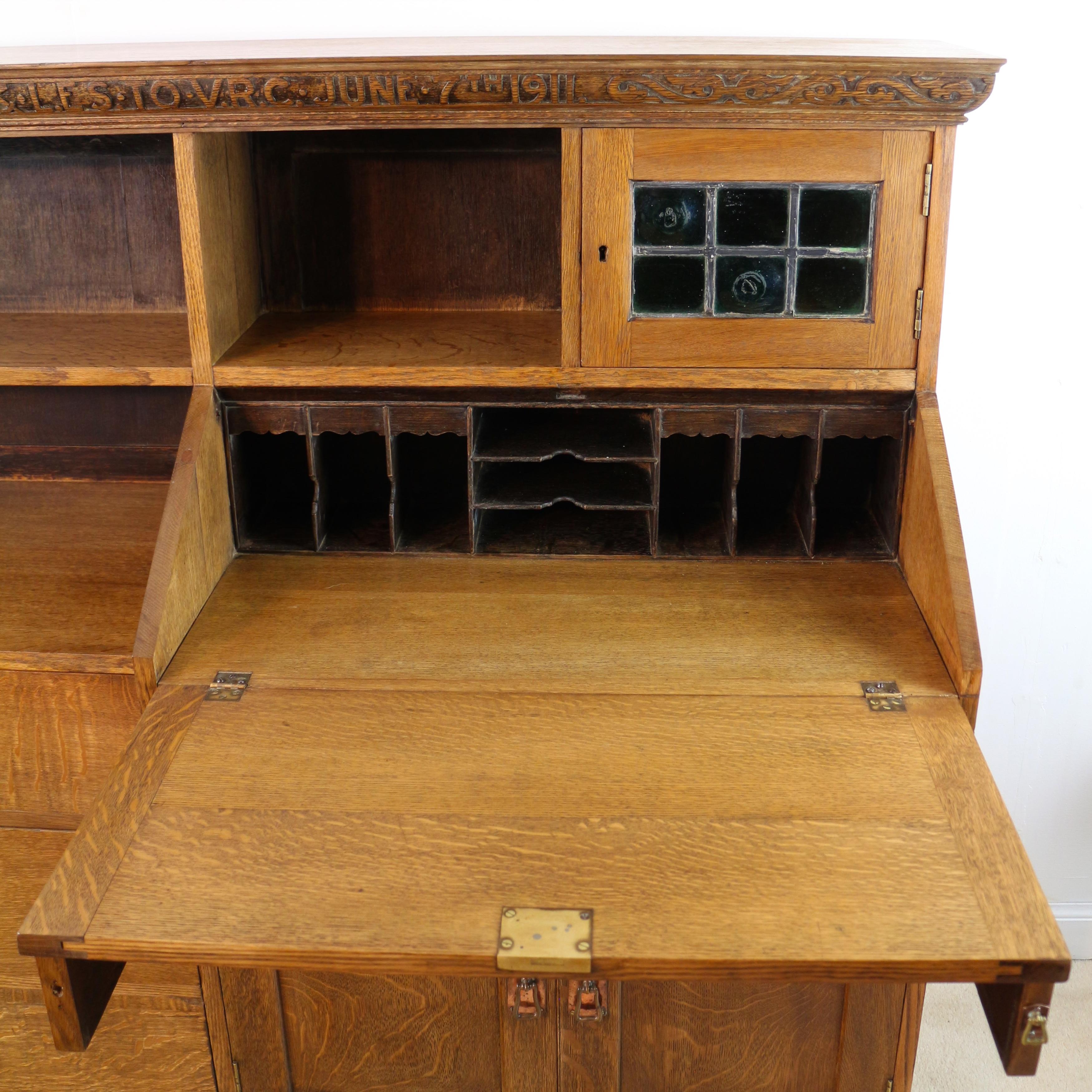 Antique English Arts & Crafts Oak Bureau Bookcase Attributed to Liberty & Co For Sale 4
