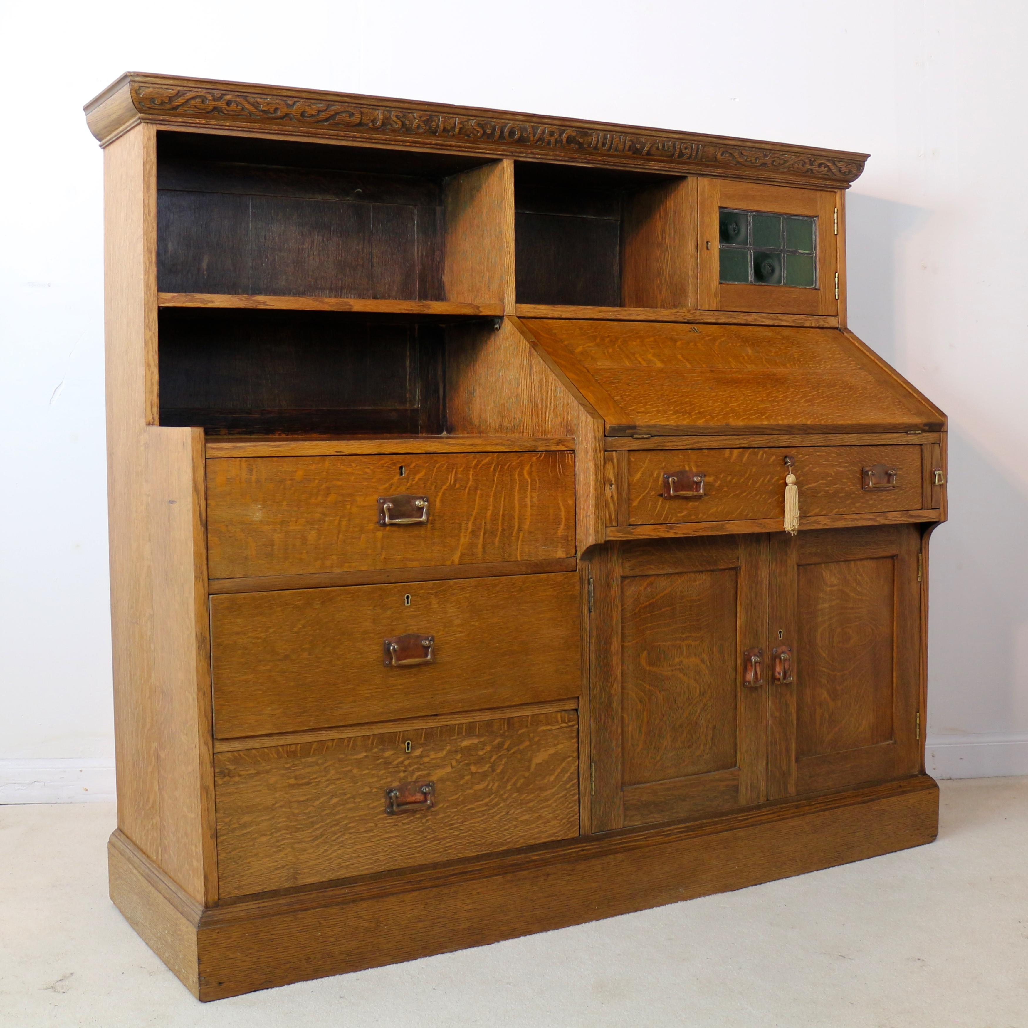 Antique English Arts & Crafts Oak Bureau Bookcase Attributed to Liberty & Co For Sale 7