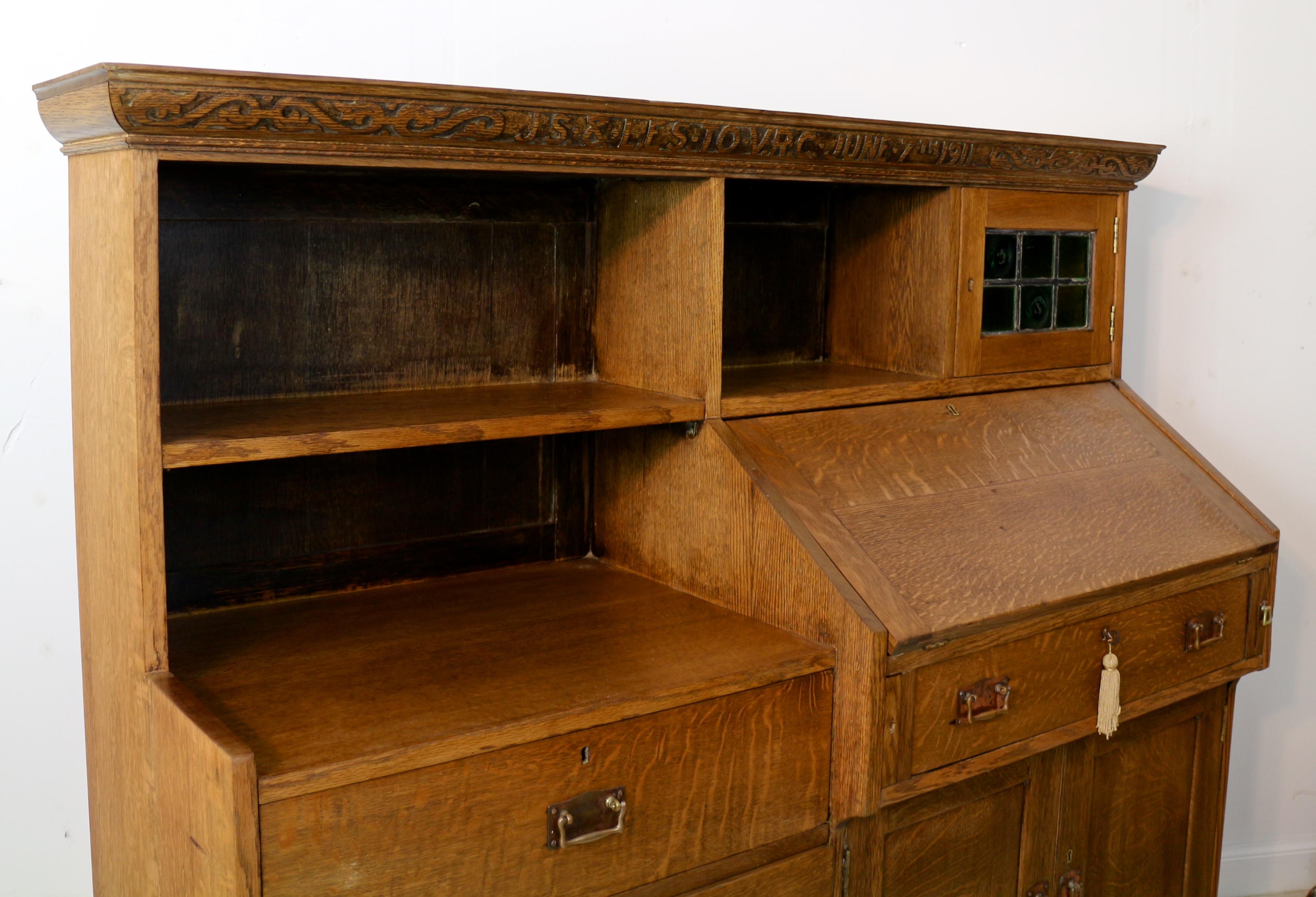 Antique English Arts & Crafts Oak Bureau Bookcase Attributed to Liberty & Co For Sale 8