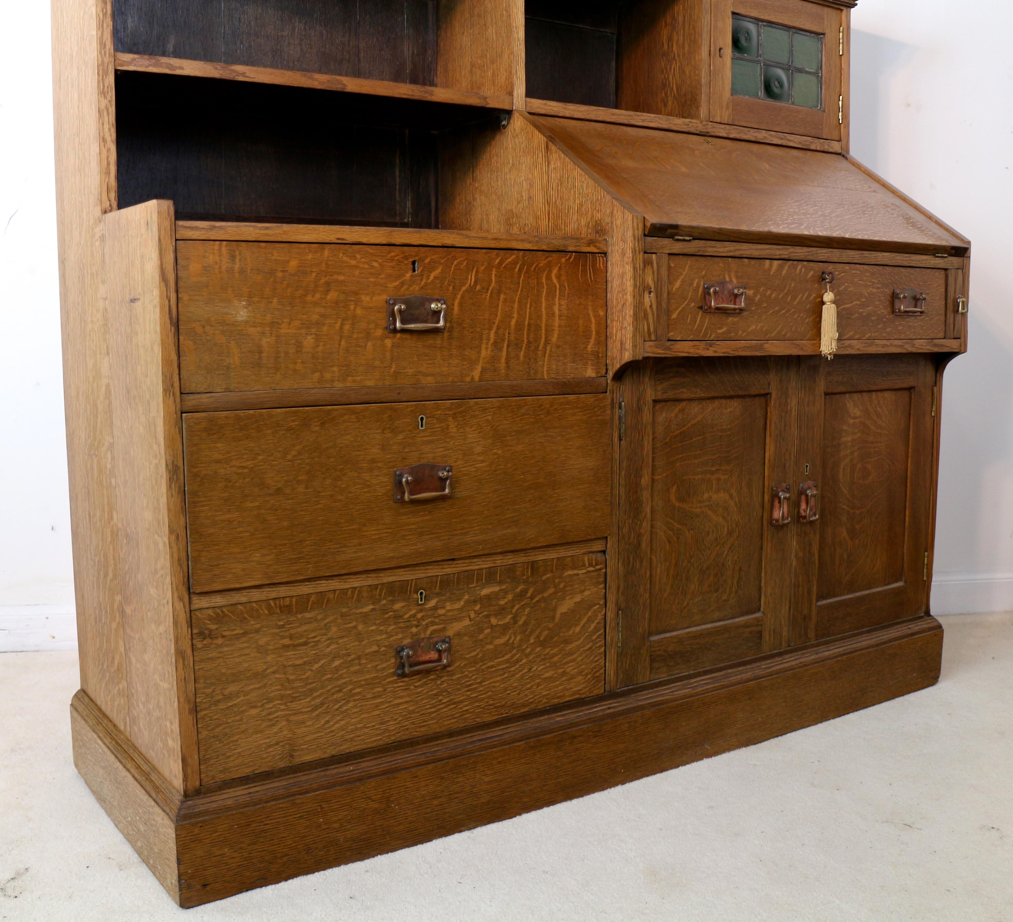 Antique English Arts & Crafts Oak Bureau Bookcase Attributed to Liberty & Co For Sale 9