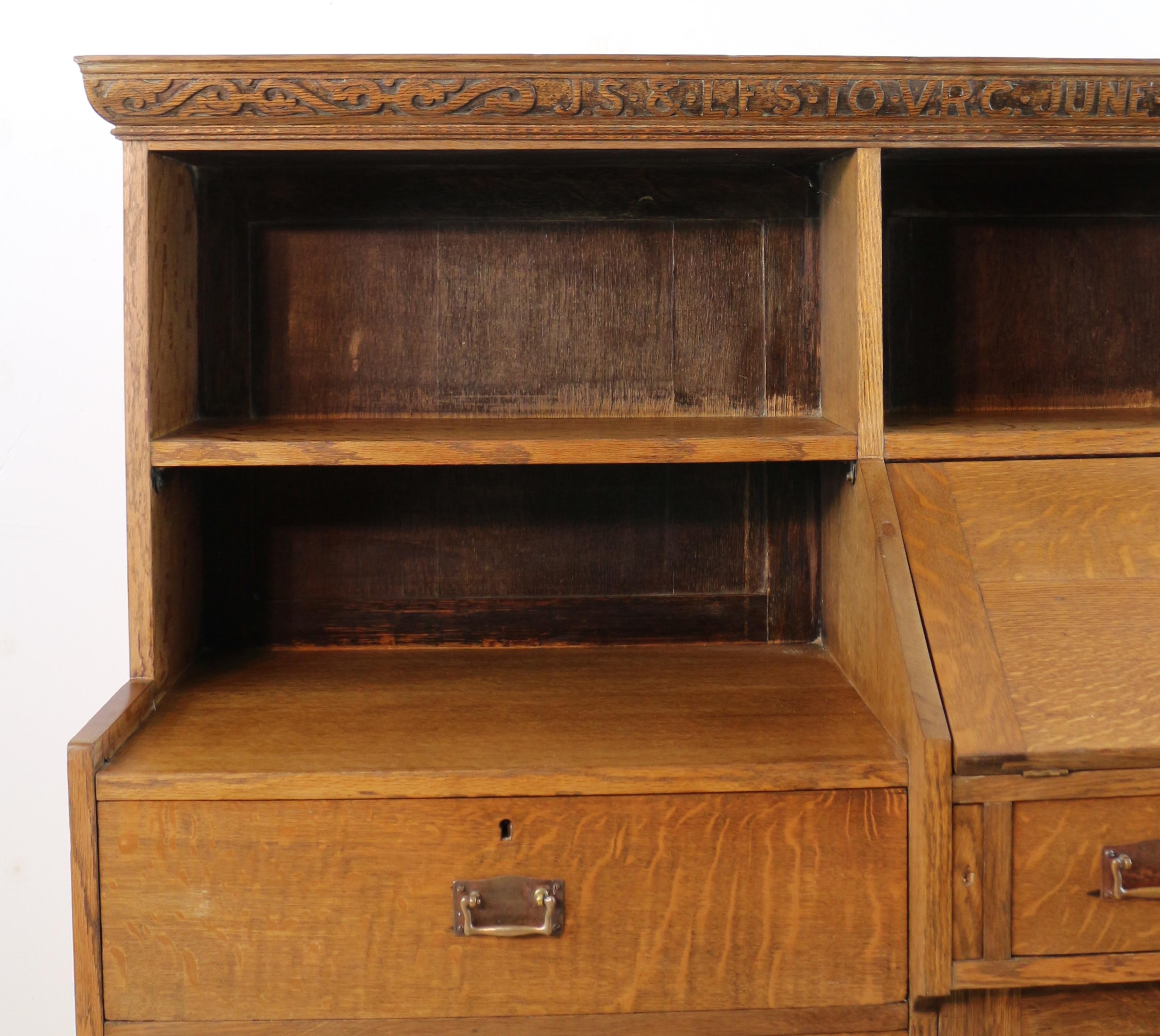 Arts and Crafts Antique English Arts & Crafts Oak Bureau Bookcase Attributed to Liberty & Co For Sale