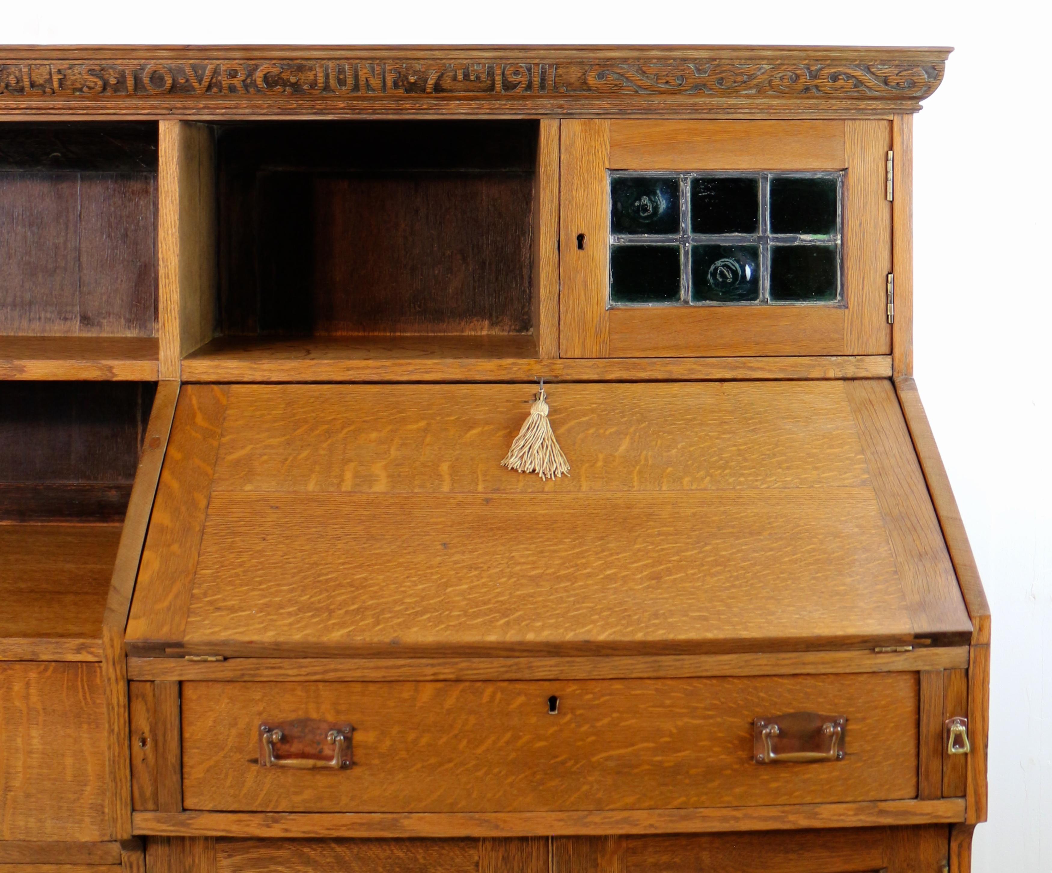 Hand-Crafted Antique English Arts & Crafts Oak Bureau Bookcase Attributed to Liberty & Co For Sale