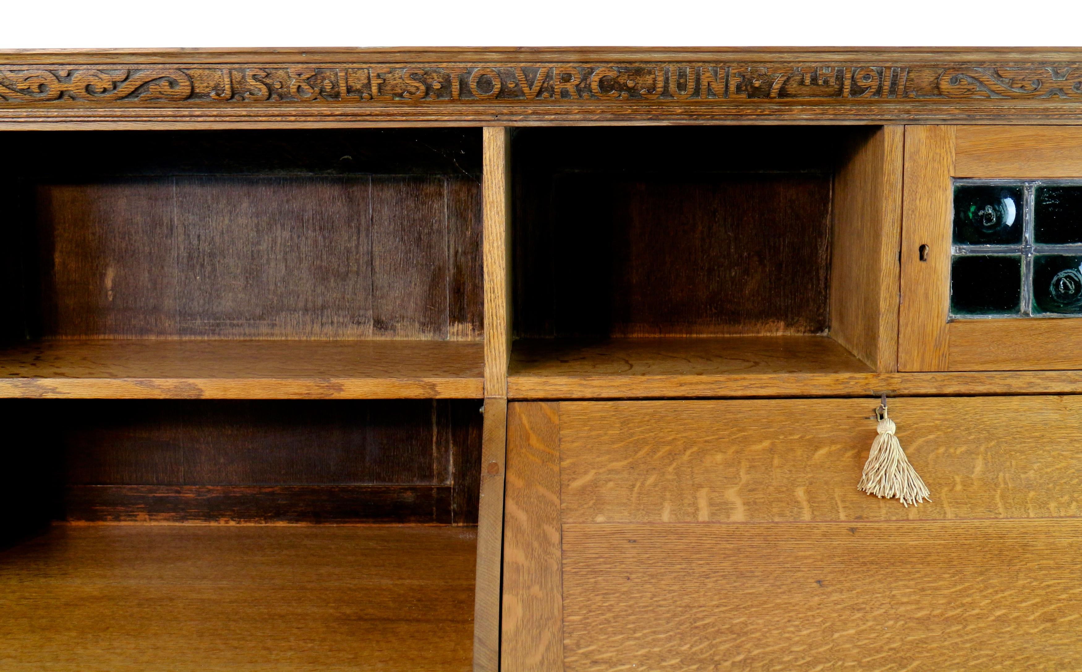 Antique English Arts & Crafts Oak Bureau Bookcase Attributed to Liberty & Co In Good Condition For Sale In Glasgow, GB
