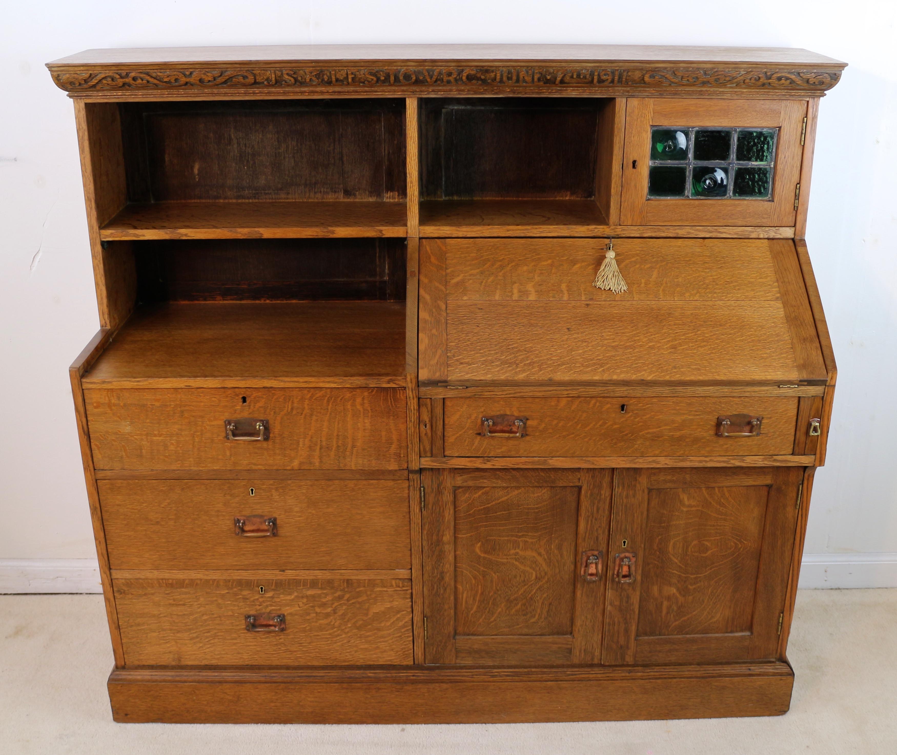 20th Century Antique English Arts & Crafts Oak Bureau Bookcase Attributed to Liberty & Co For Sale