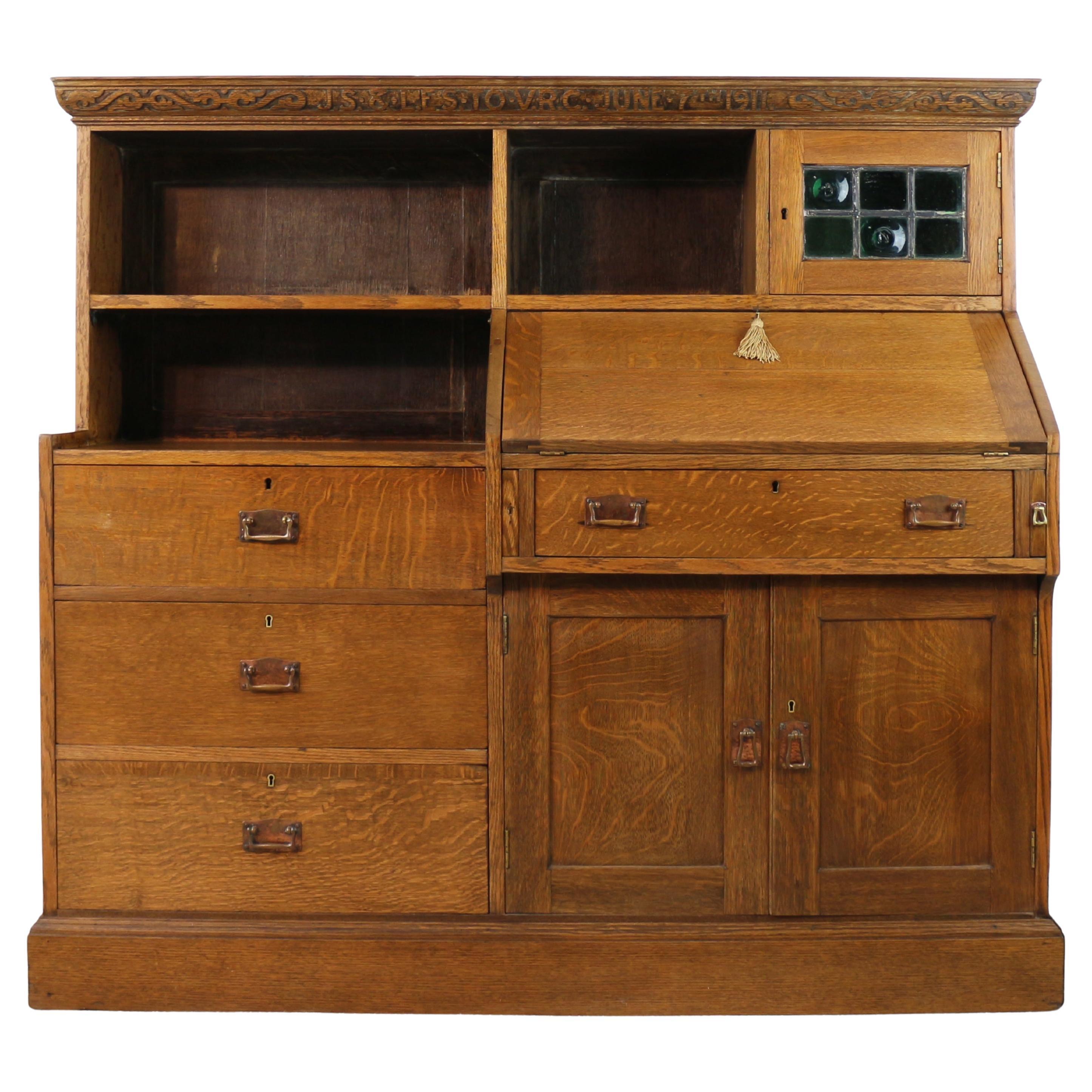 Antique English Arts & Crafts Oak Bureau Bookcase Attributed to Liberty & Co For Sale