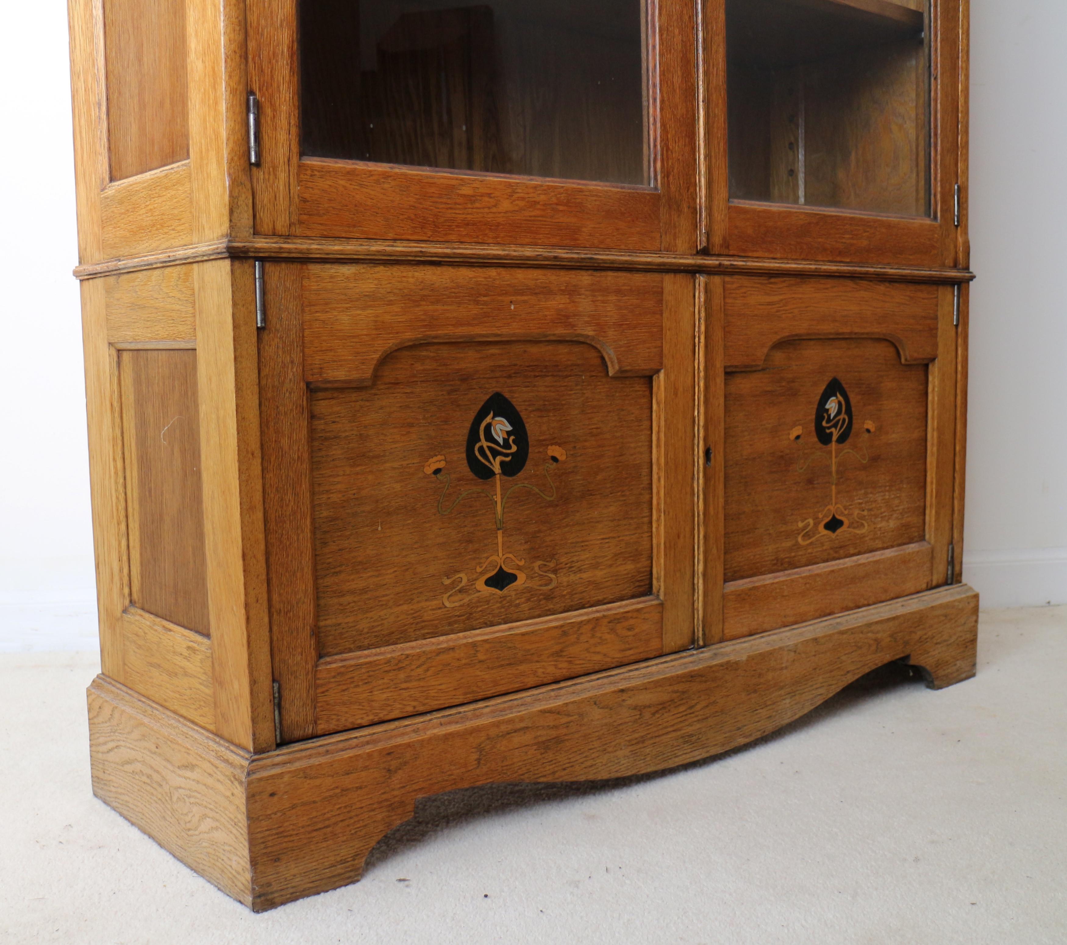 Antique English Arts & Crafts Oak Glazed Bookcase with Pewter & Ebonisedl Inlay 3