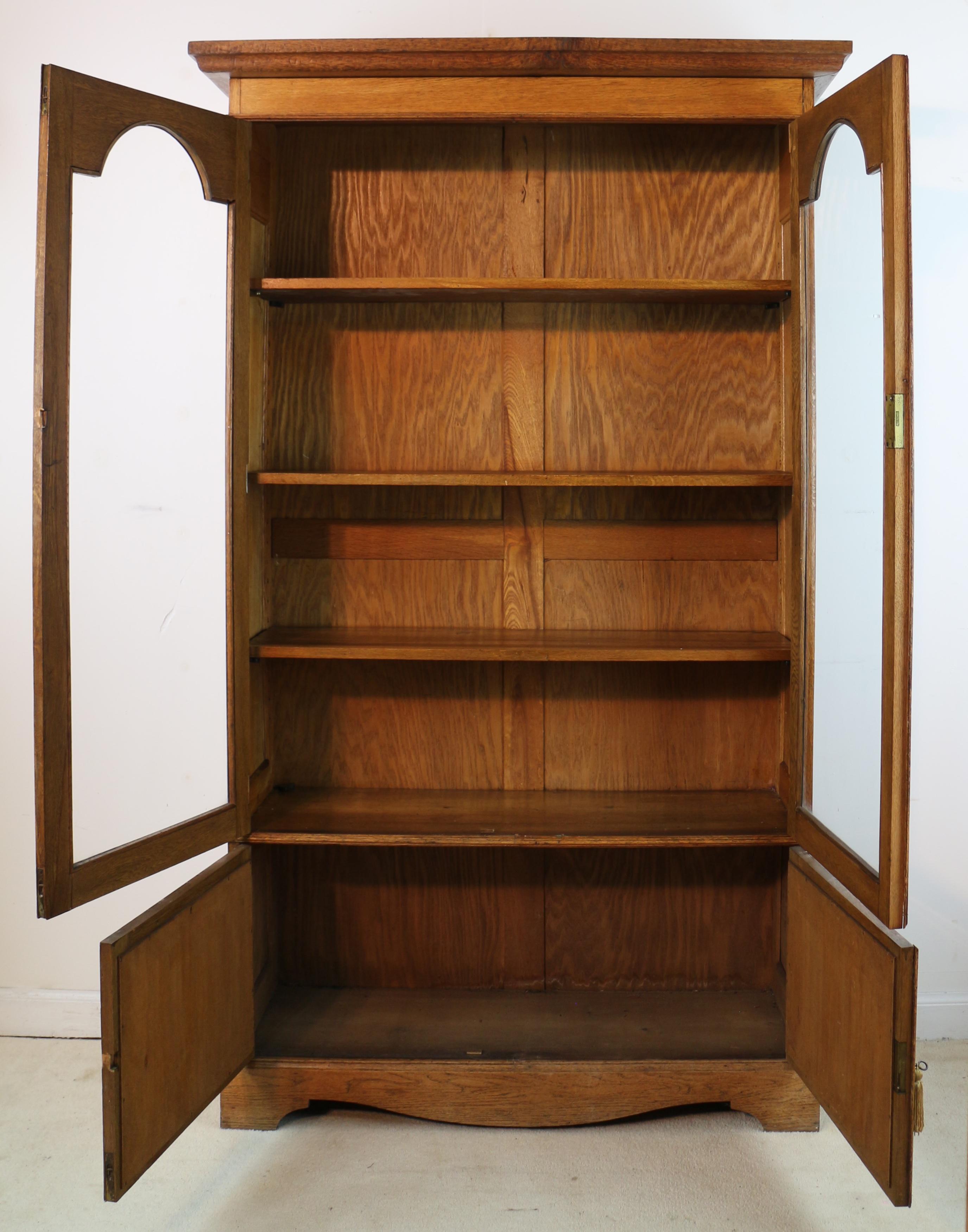 Antique English Arts & Crafts Oak Glazed Bookcase with Pewter & Ebonisedl Inlay 4