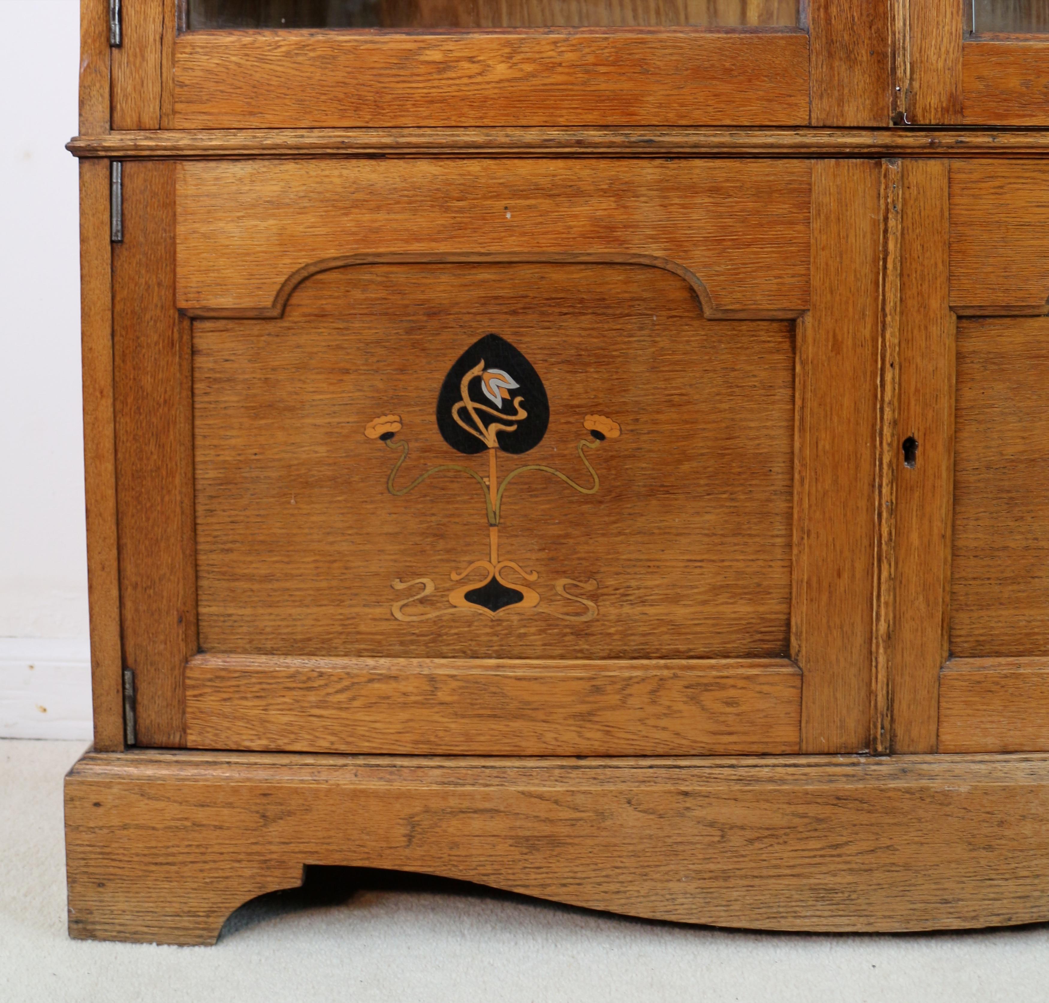 Marquetry Antique English Arts & Crafts Oak Glazed Bookcase with Pewter & Ebonisedl Inlay