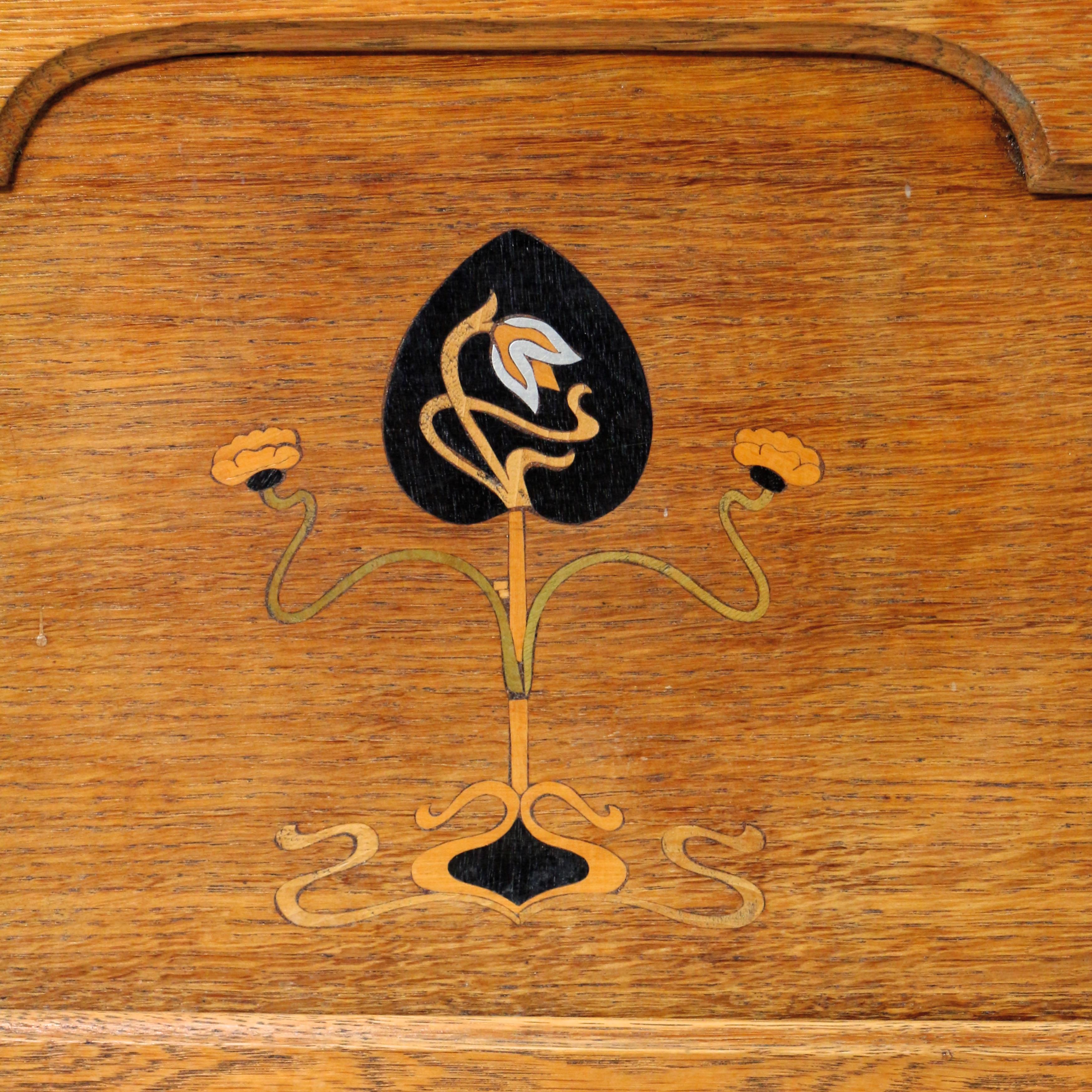 20th Century Antique English Arts & Crafts Oak Glazed Bookcase with Pewter & Ebonisedl Inlay