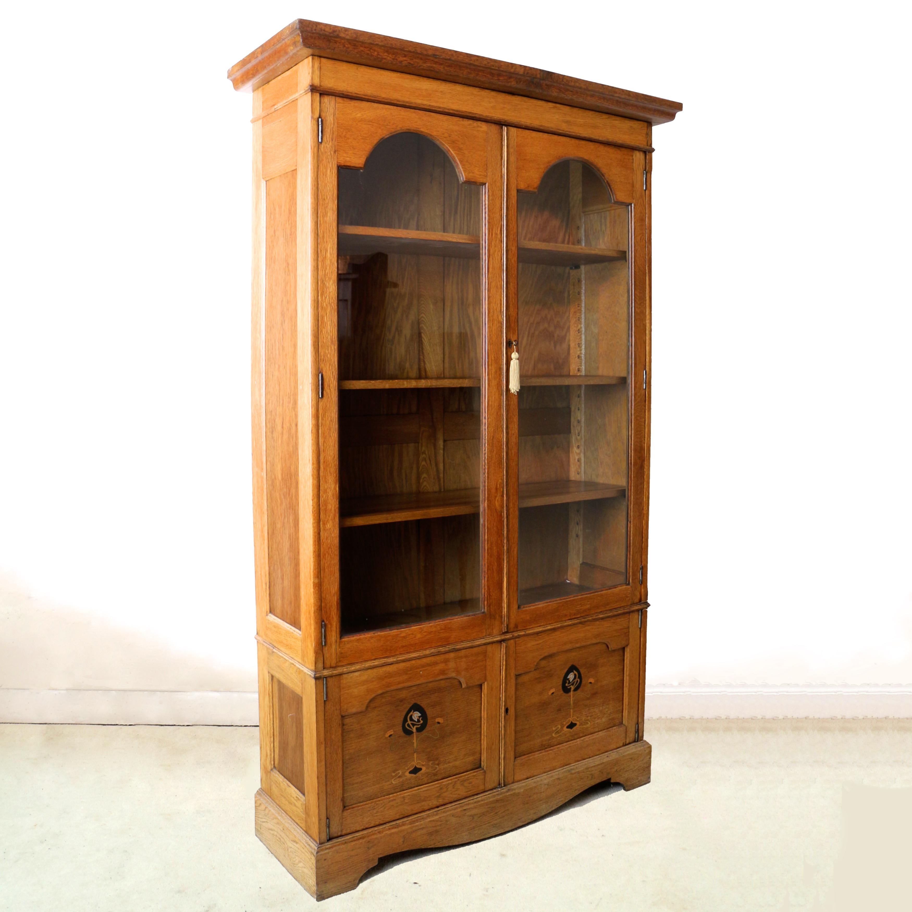 Antique English Arts & Crafts Oak Glazed Bookcase with Pewter & Ebonisedl Inlay 1