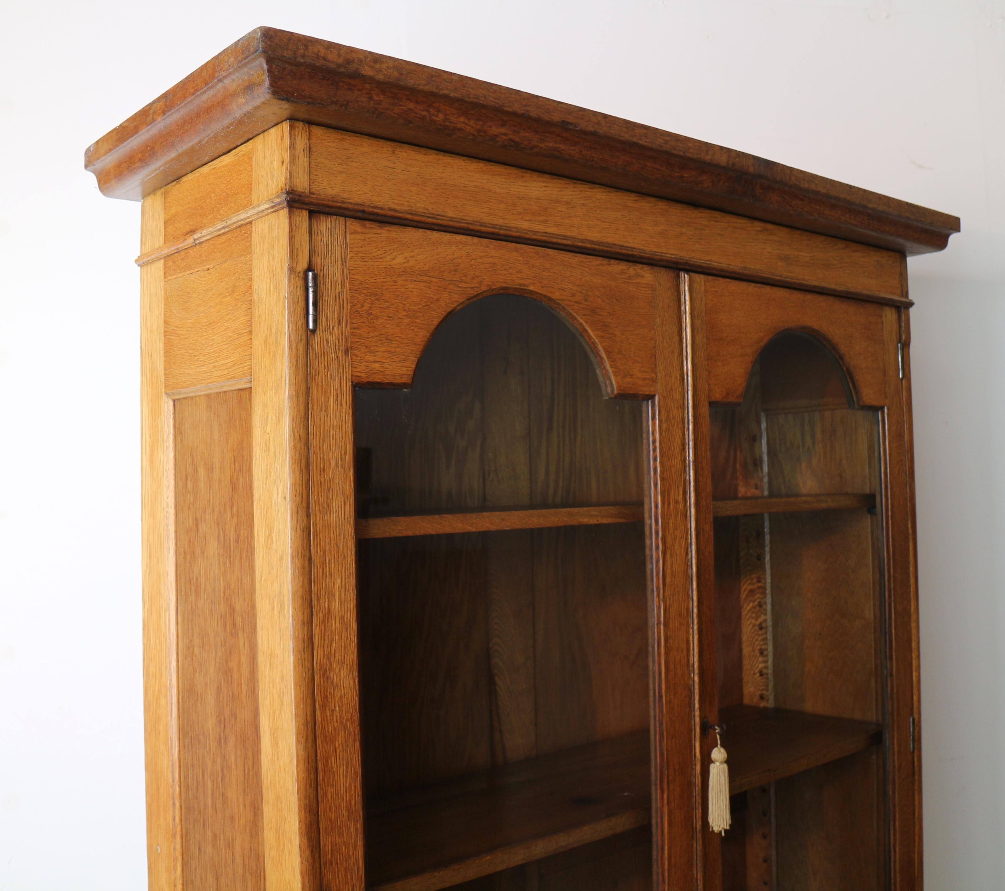 Antique English Arts & Crafts Oak Glazed Bookcase with Pewter & Ebonisedl Inlay 2