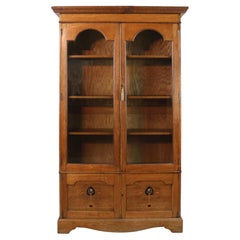Antique English Arts & Crafts Oak Glazed Bookcase with Pewter & Ebonisedl Inlay