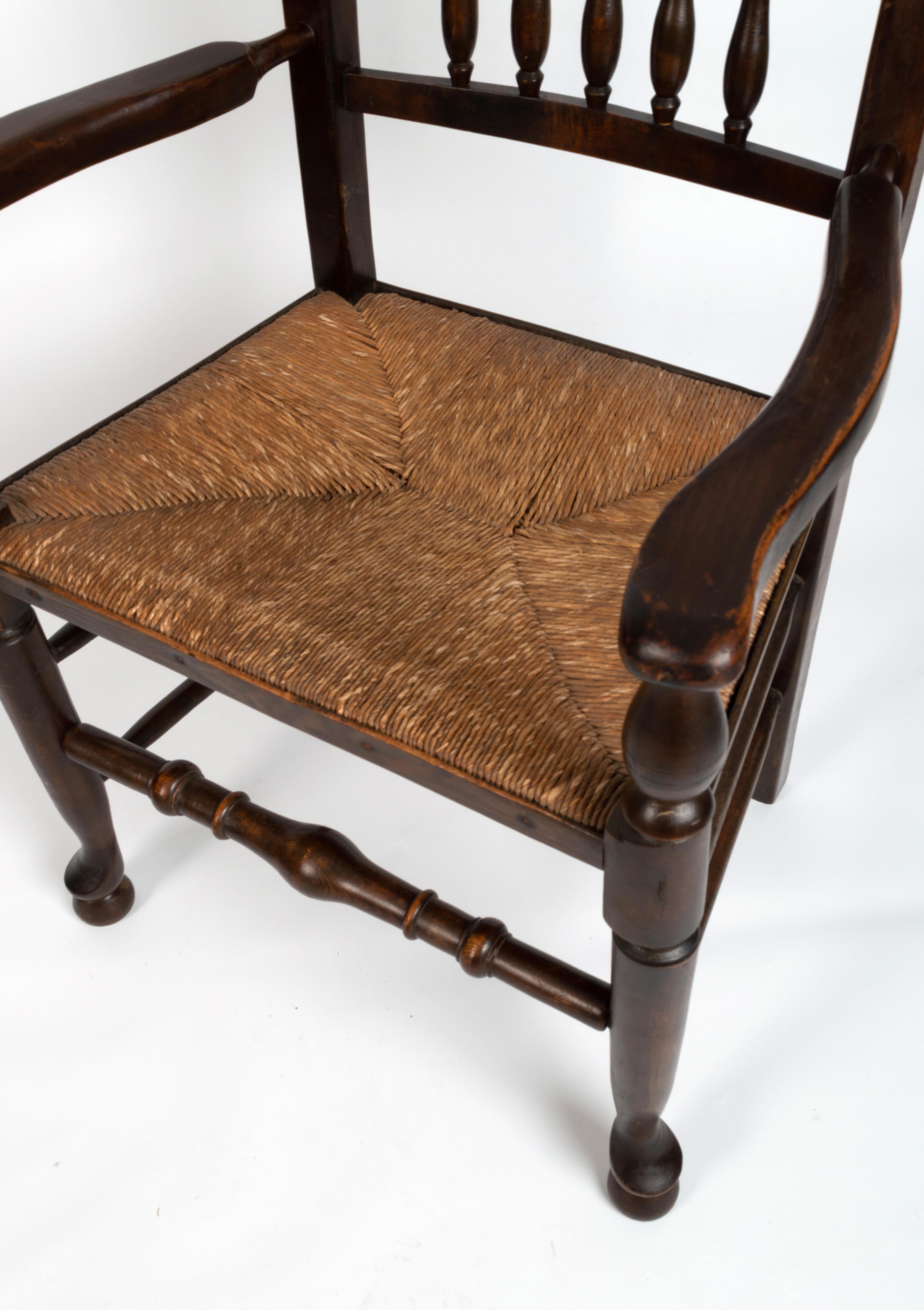 Country Antique English Arts & Crafts Oak Rush Elbow Chair C.1840 For Sale
