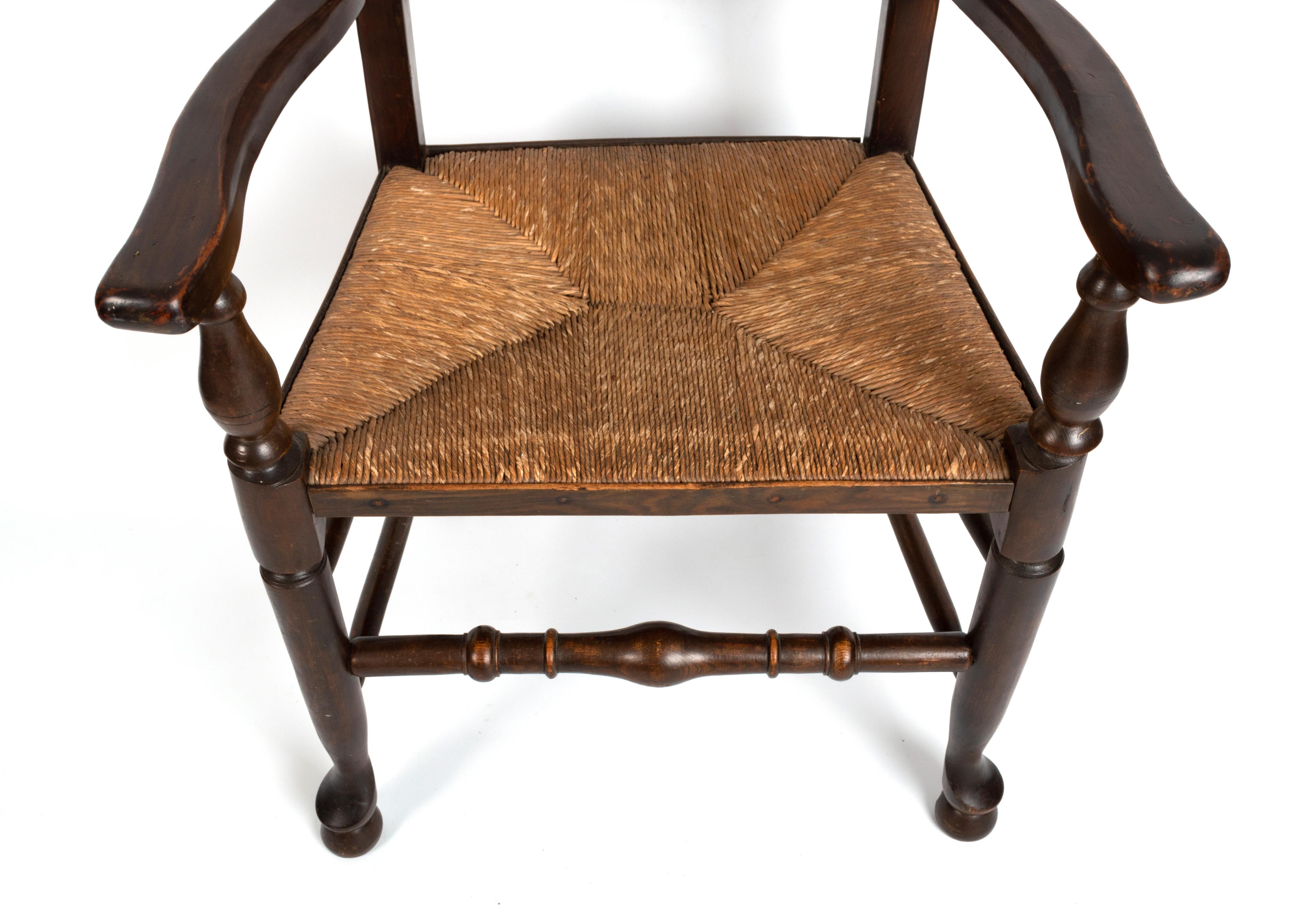 19th Century Antique English Arts & Crafts Oak Rush Elbow Chair C.1840 For Sale