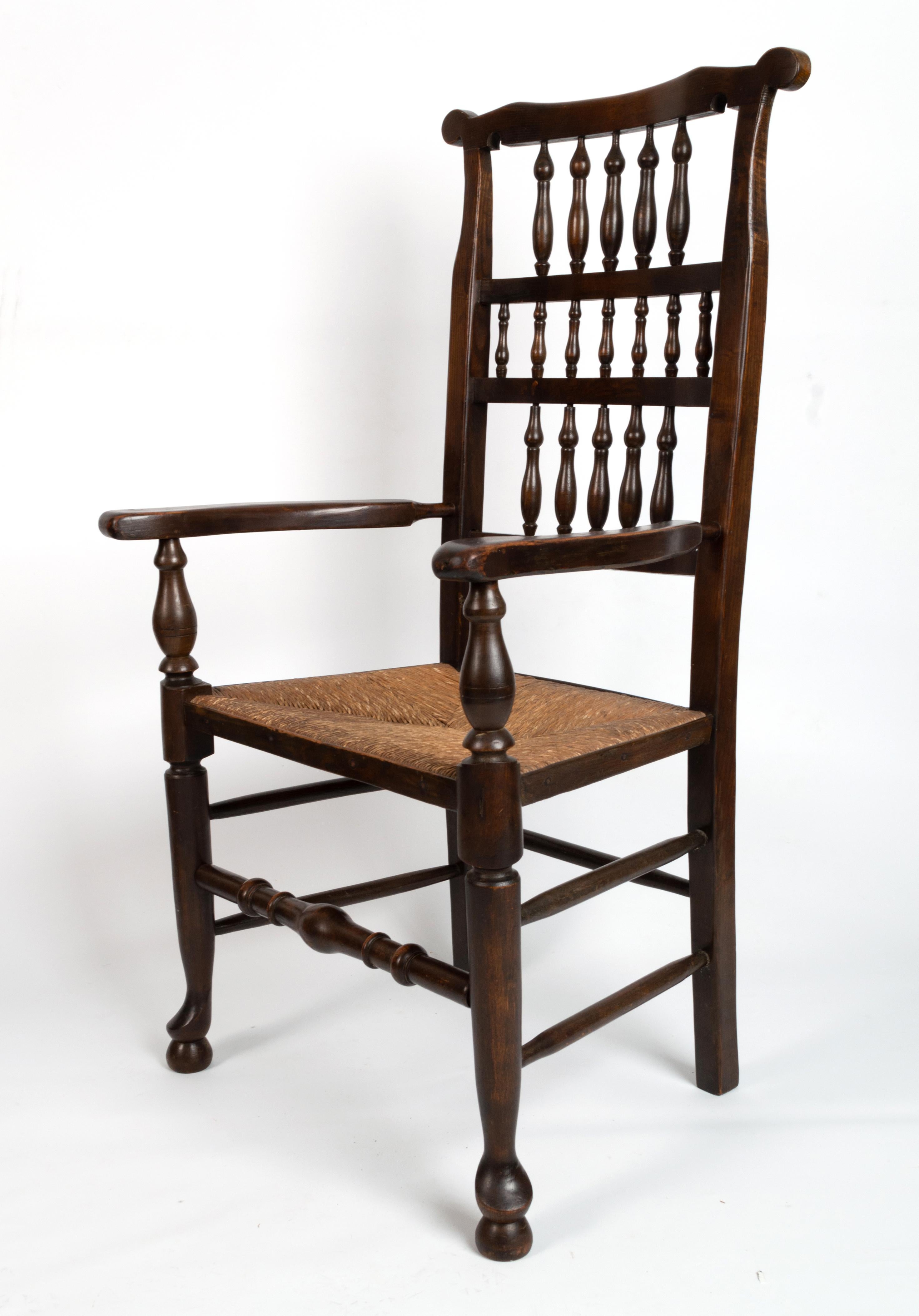 Antique English Arts & Crafts Oak Rush Elbow Chair C.1840 For Sale 1