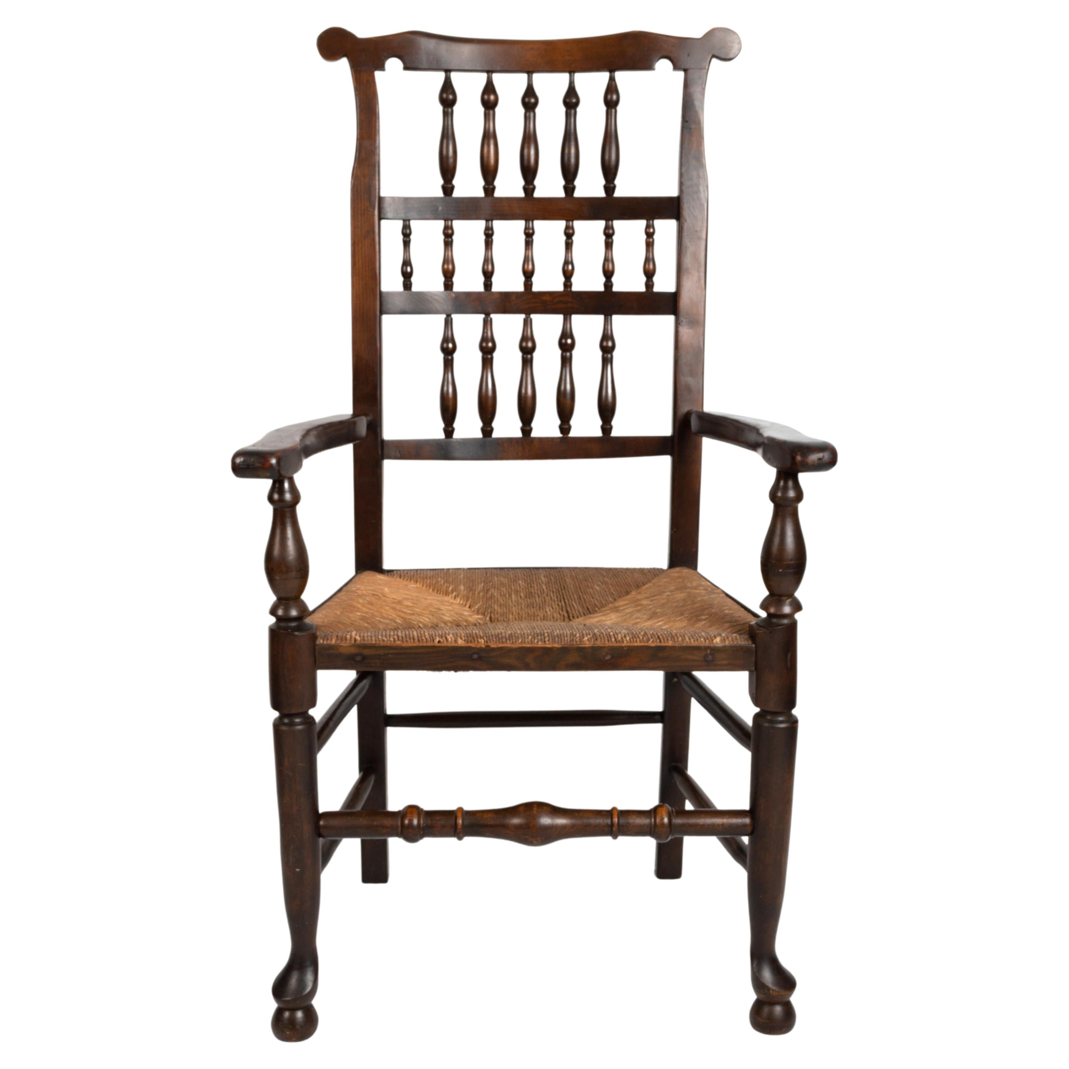 Antique English Arts & Crafts Oak Rush Elbow Chair C.1840