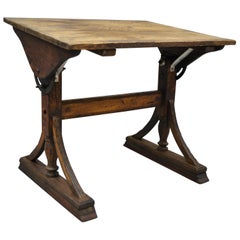 Antique English Arts & Crafts Oak Wood Drafting Table Work Desk Stand