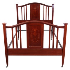 Antique English Arts & Crafts Style Inlaid Mahogany Queen or Full Size Bed Frame