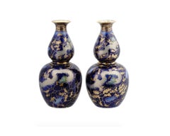 Antique English Asian Porcelain Gourd Blue Enamel Vases With Dragons