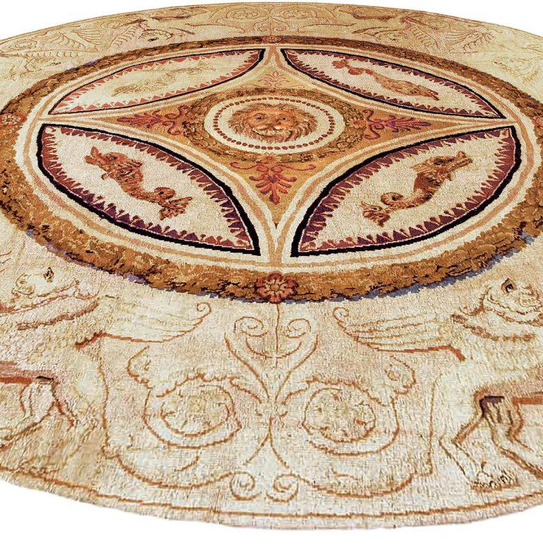Hand-Knotted Rare Round English Axminster Animal Design Rug For Sale