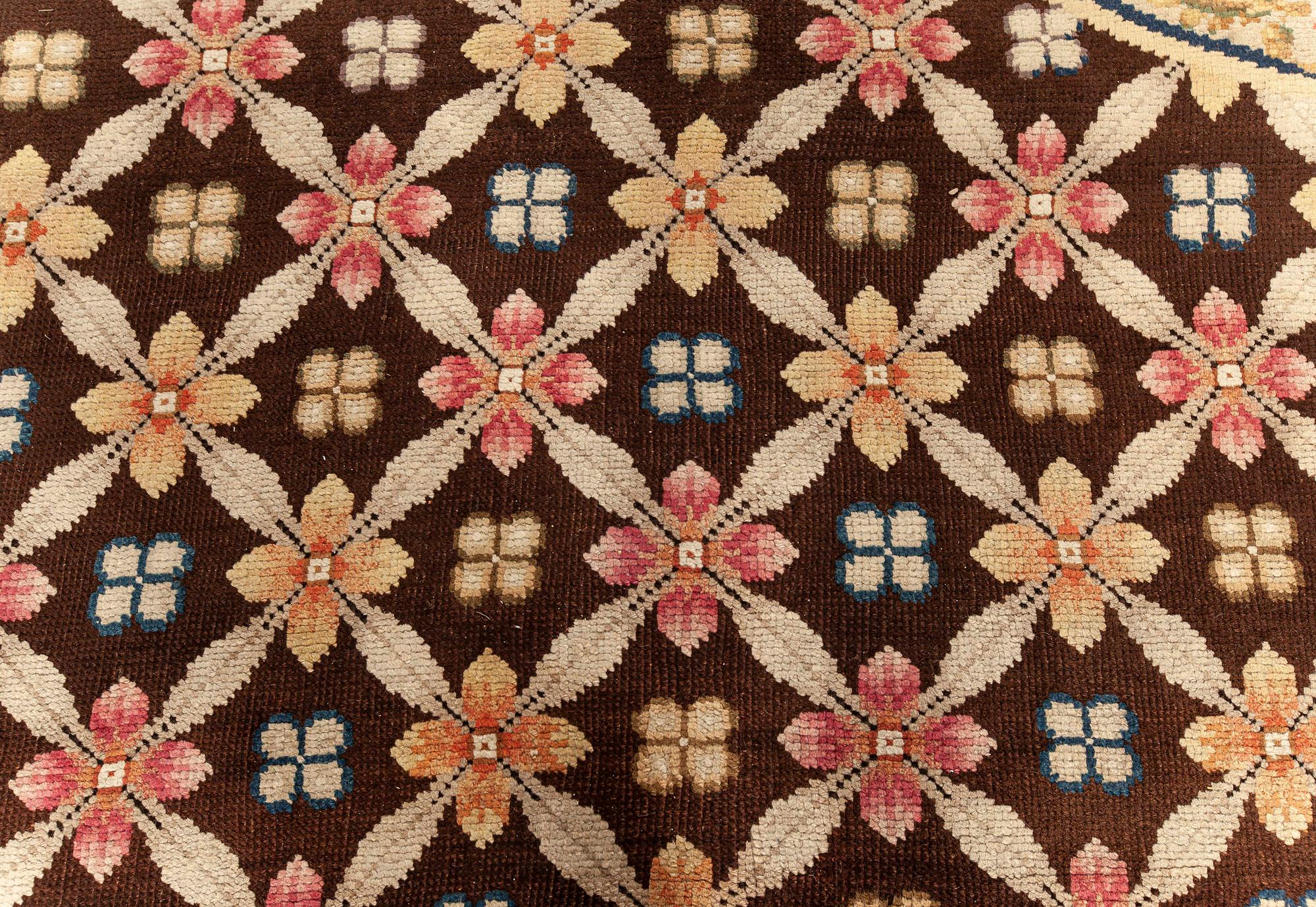 Antike englische Axminster Beige, Braun, Grün, Orange, Rosa Handgefertigter Wollteppich
Größe: 12'2