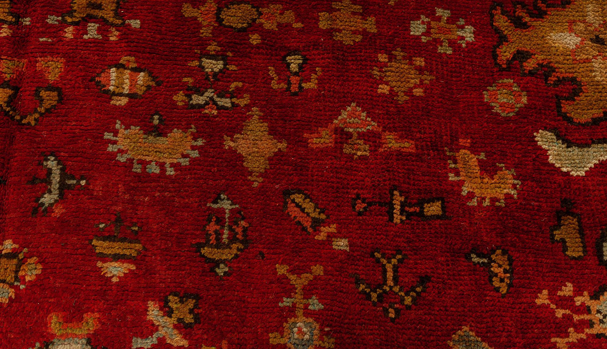 Hand-Woven Antique English Axminster Red Handmade Wool Rug For Sale