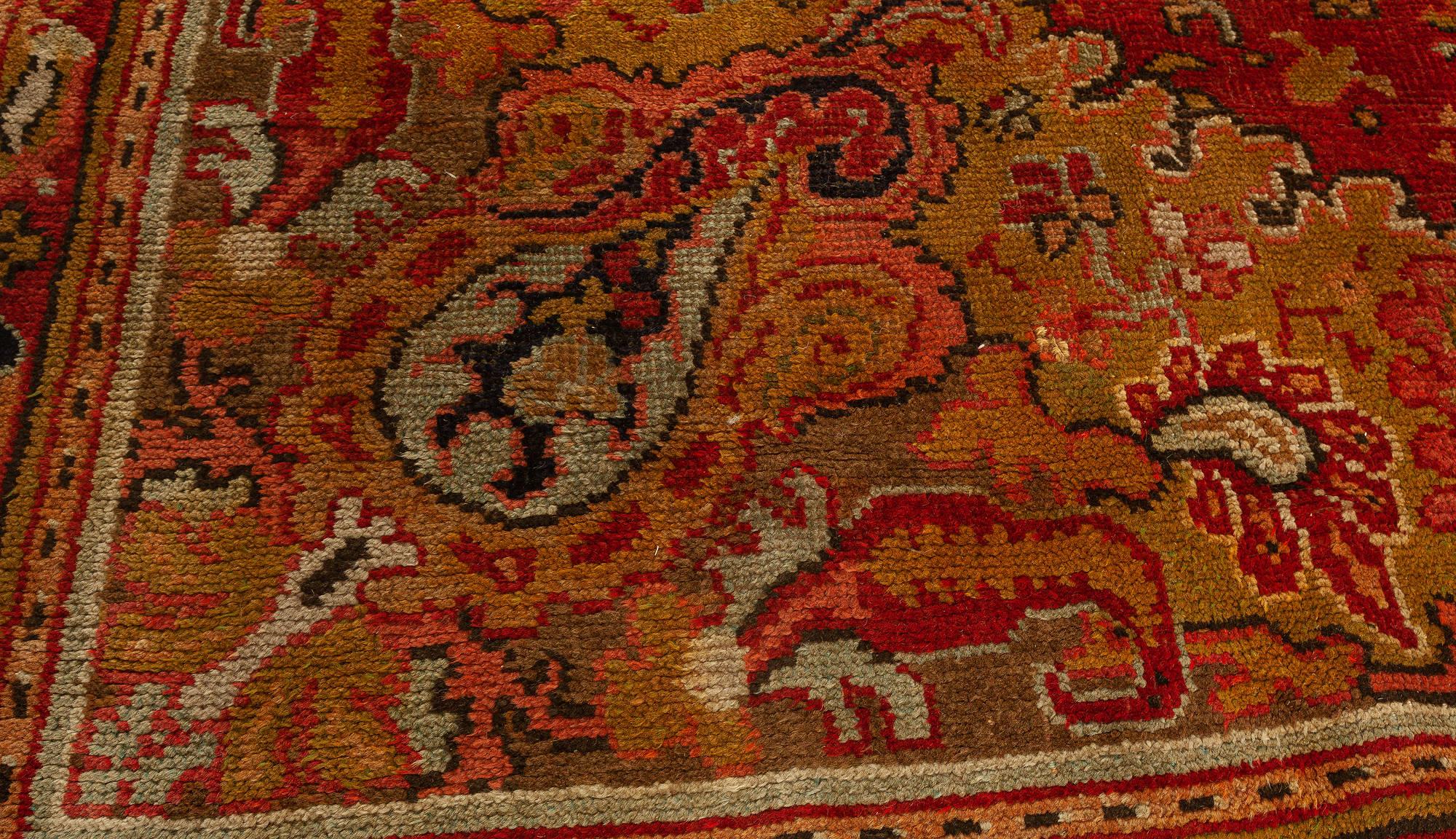 Antique English Axminster Red Handmade Wool Rug For Sale 1