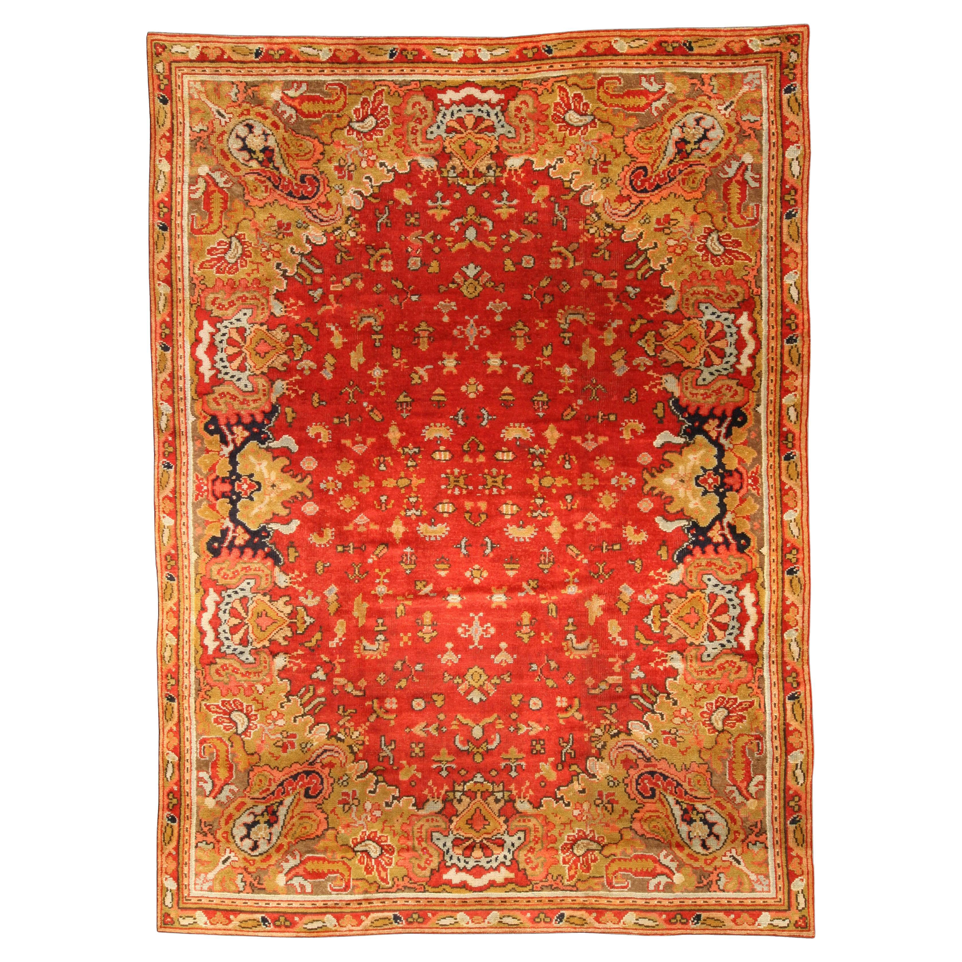 Antique English Axminster Red Handmade Wool Rug For Sale