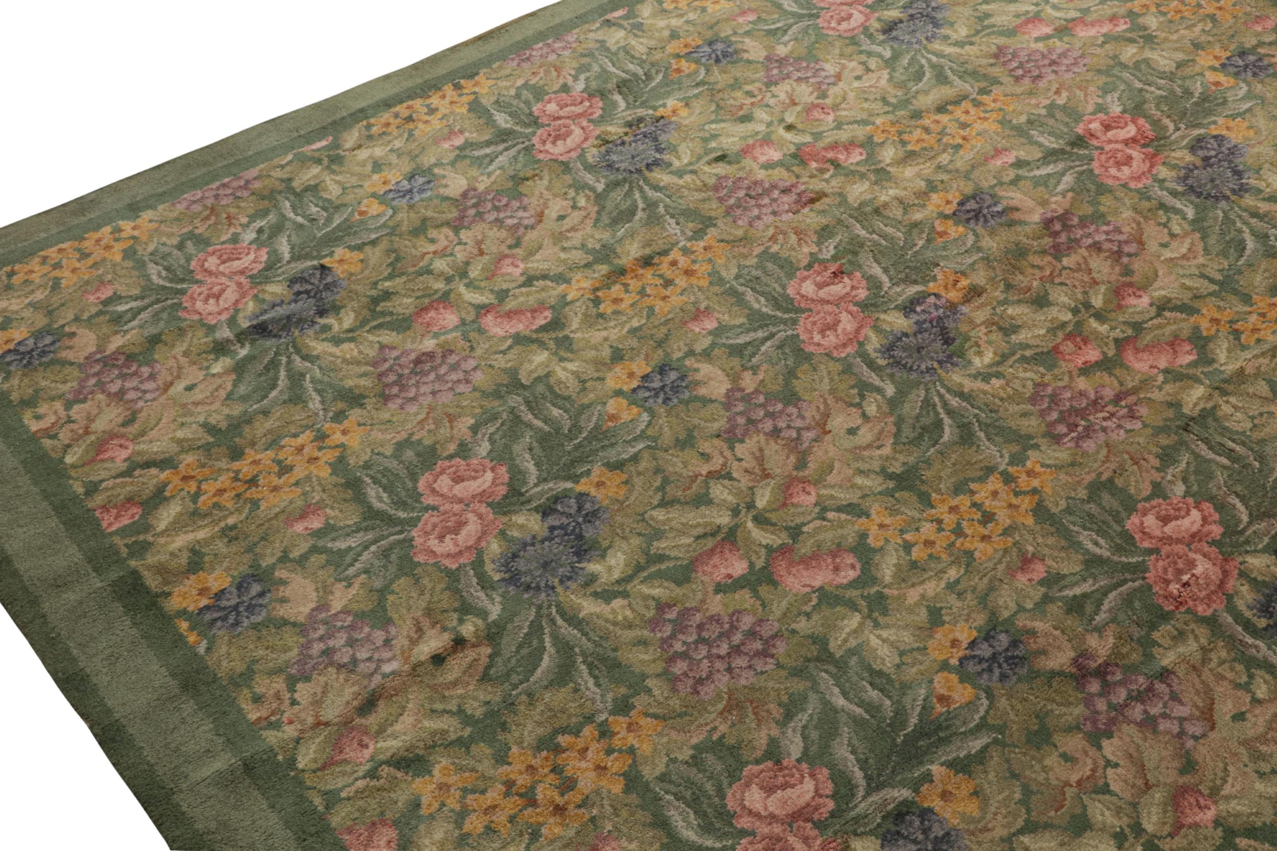 Hand-Knotted Antique English Axminster rug in Green with Pink Floral Design For Sale