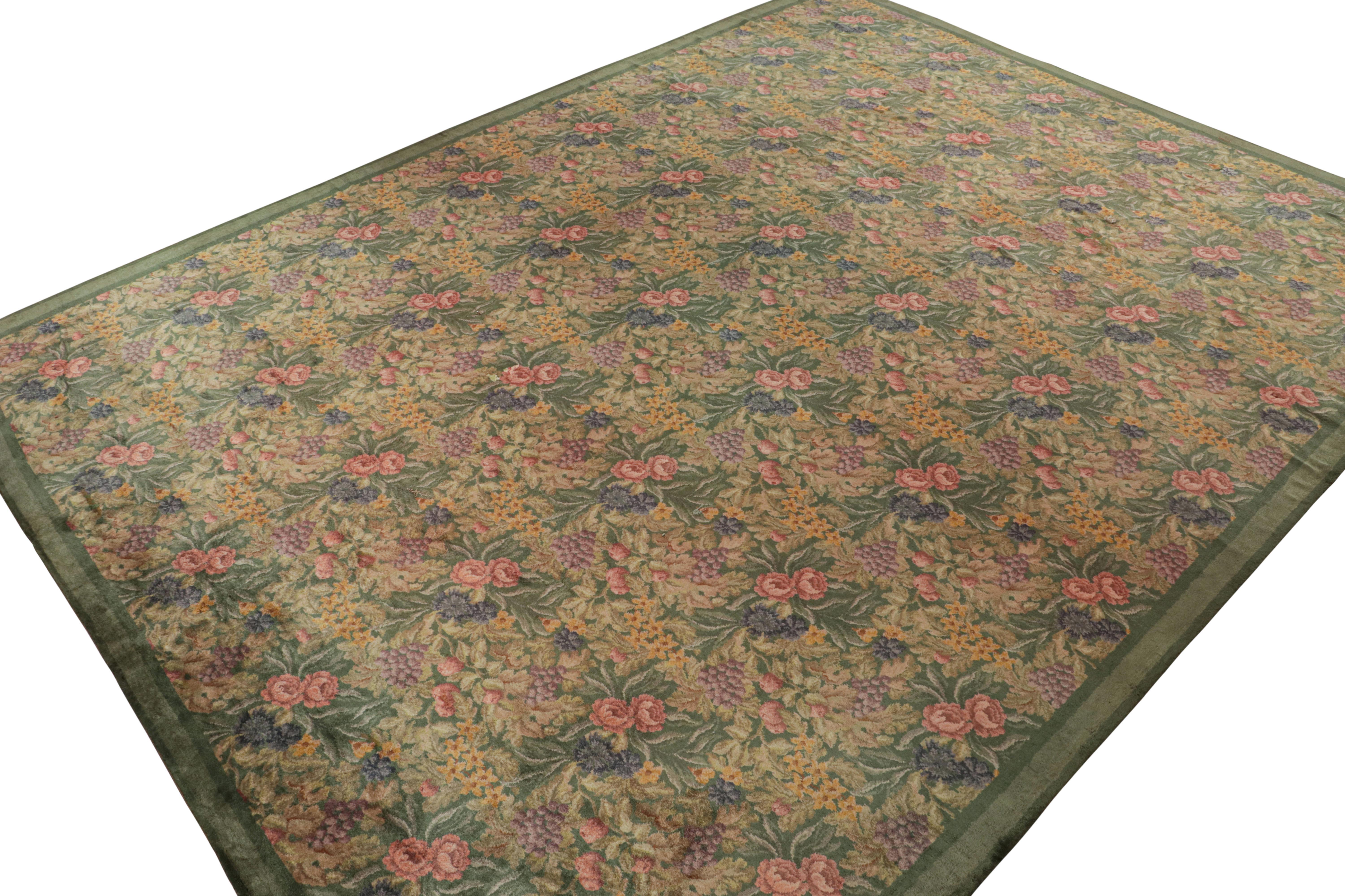 Antique English Axminster rug in Green with Pink Floral Design In Good Condition For Sale In Long Island City, NY