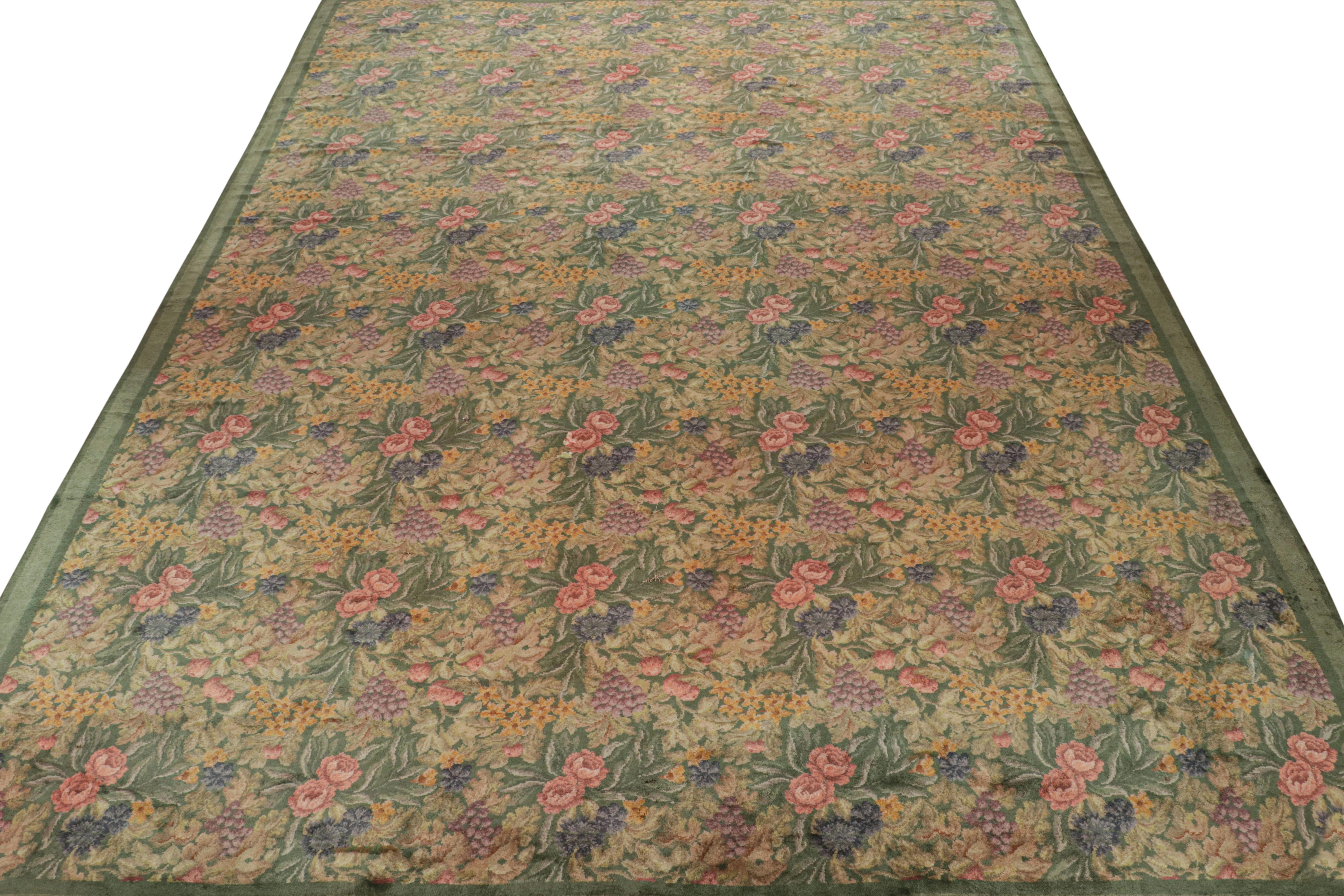 Early 20th Century Antique English Axminster rug in Green with Pink Floral Design For Sale
