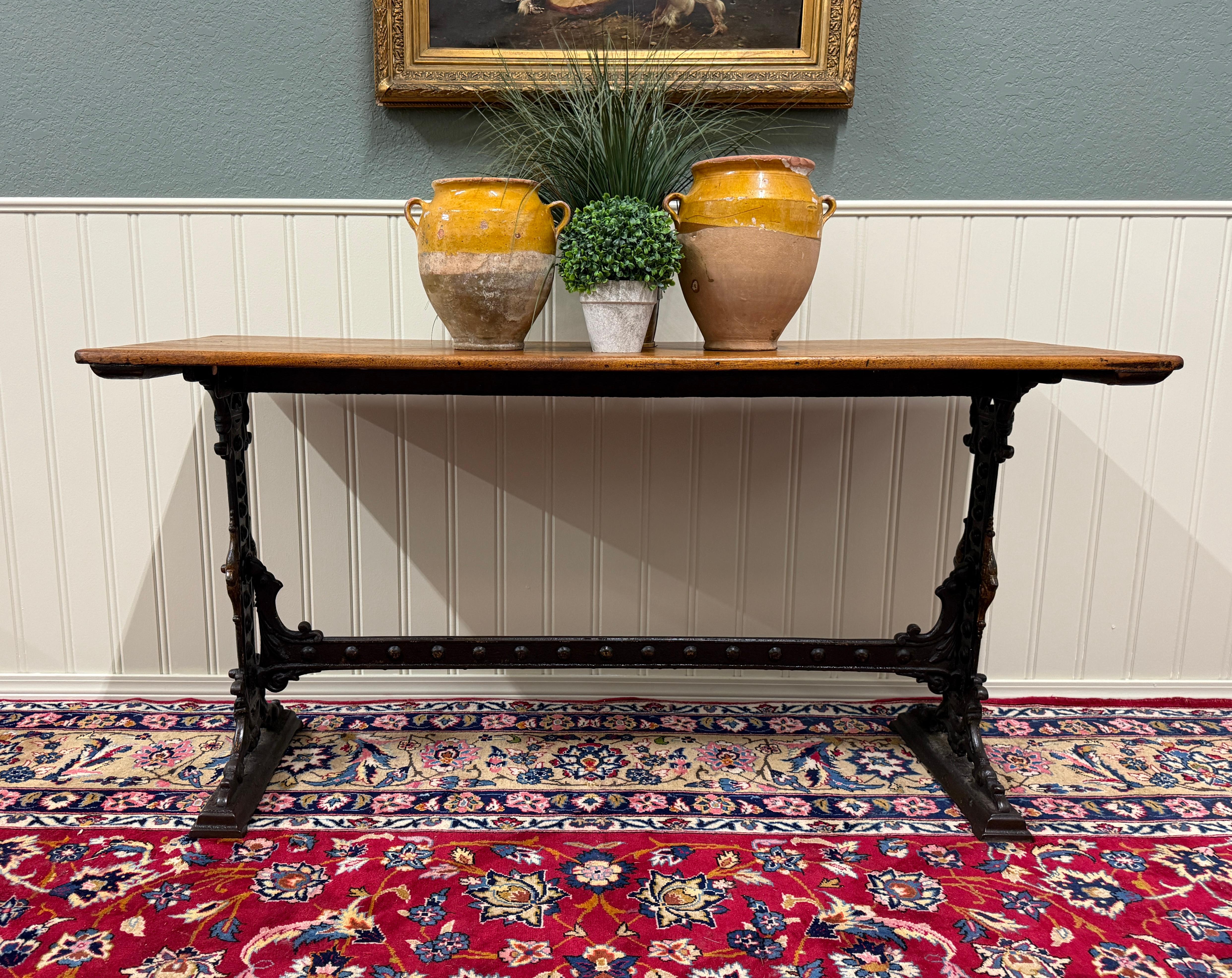 Antique English Bakers Table Sofa Entry Hall Kitchen Island with Cast Iron Base For Sale 3