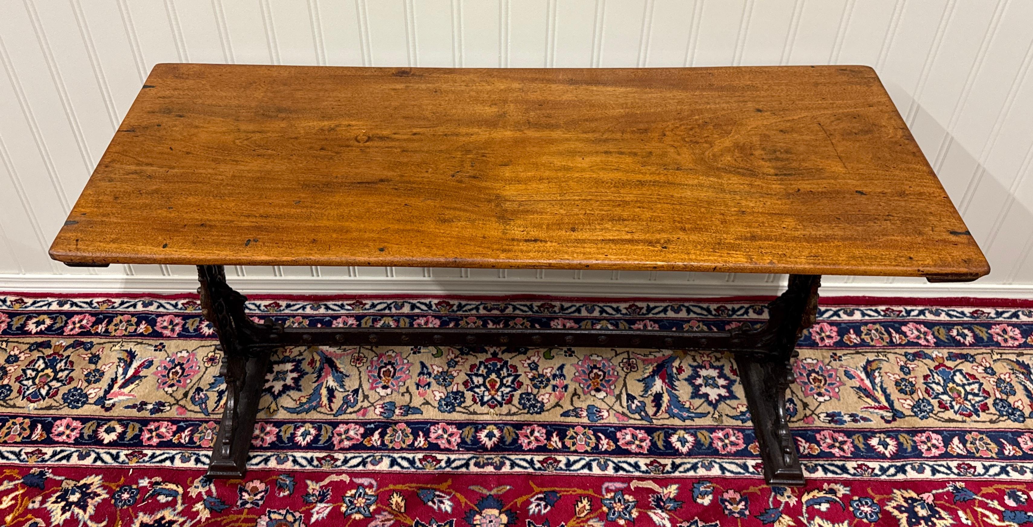 Antique English Bakers Table Sofa Entry Hall Kitchen Island with Cast Iron Base For Sale 6